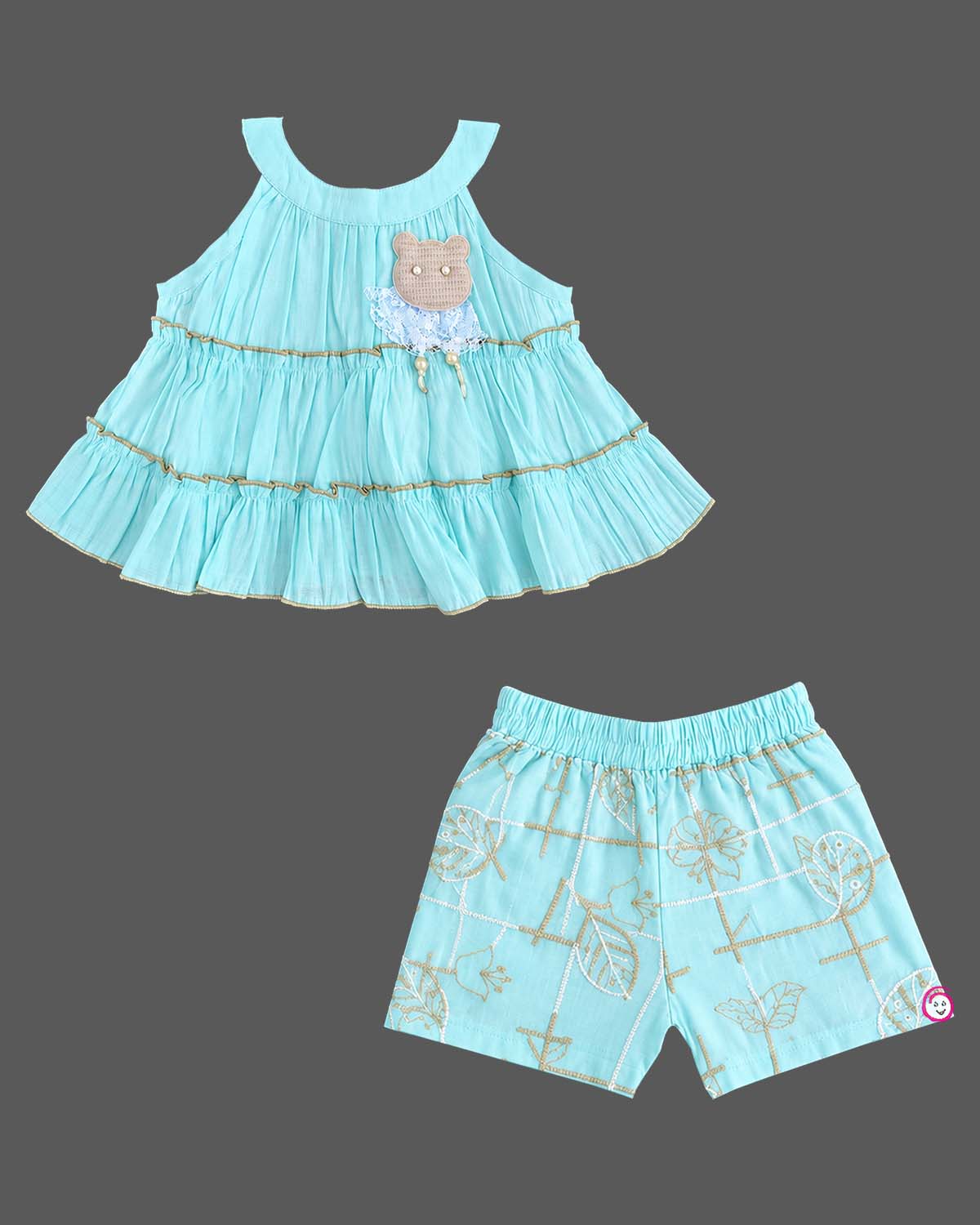 Tiered flared top with applique and foil print shorts baby party wear dress for girls