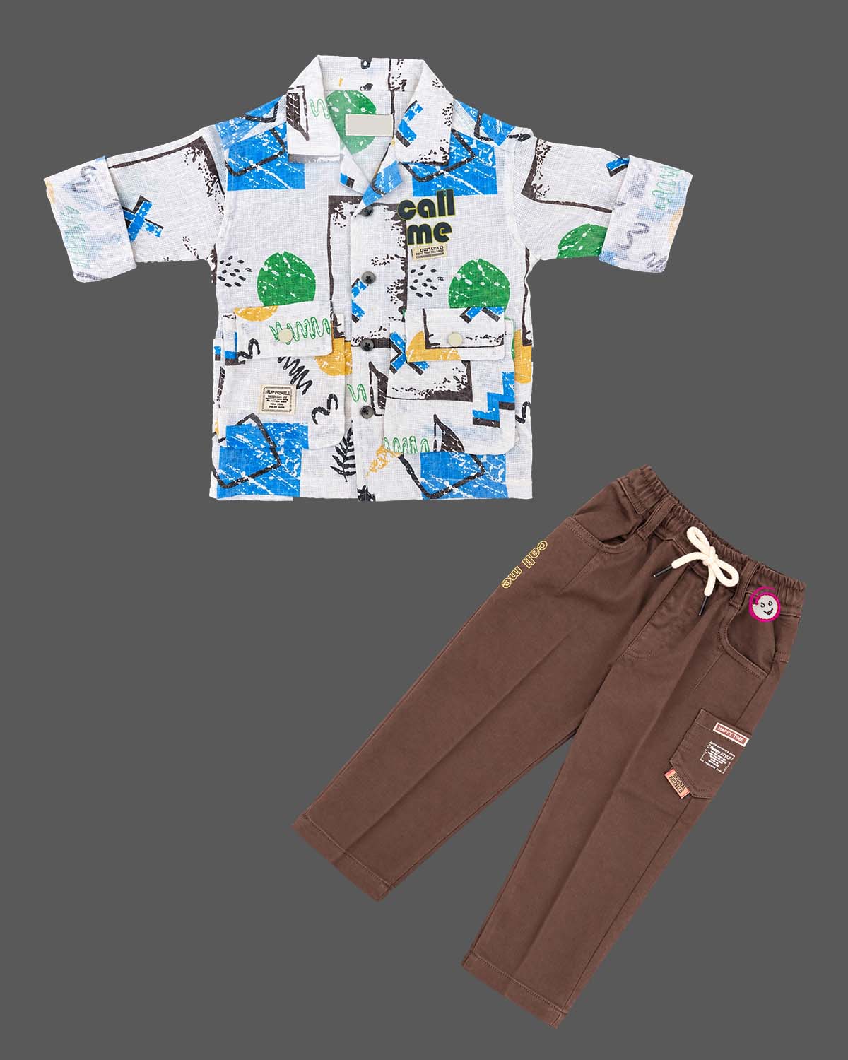 Kids printed shirt and pant featuring utility pockets and button closure designed as kids western wear.