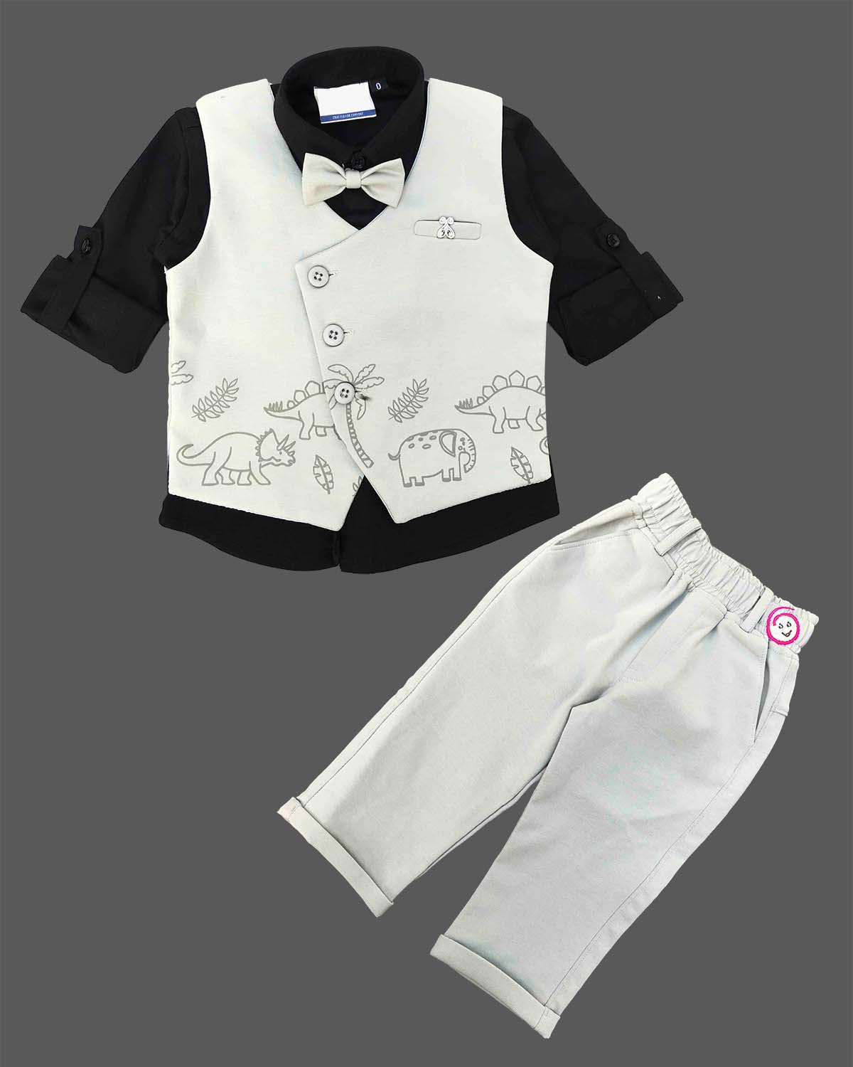 Black and off-white animal printed waistcoat suit set with bow tie for infant boys