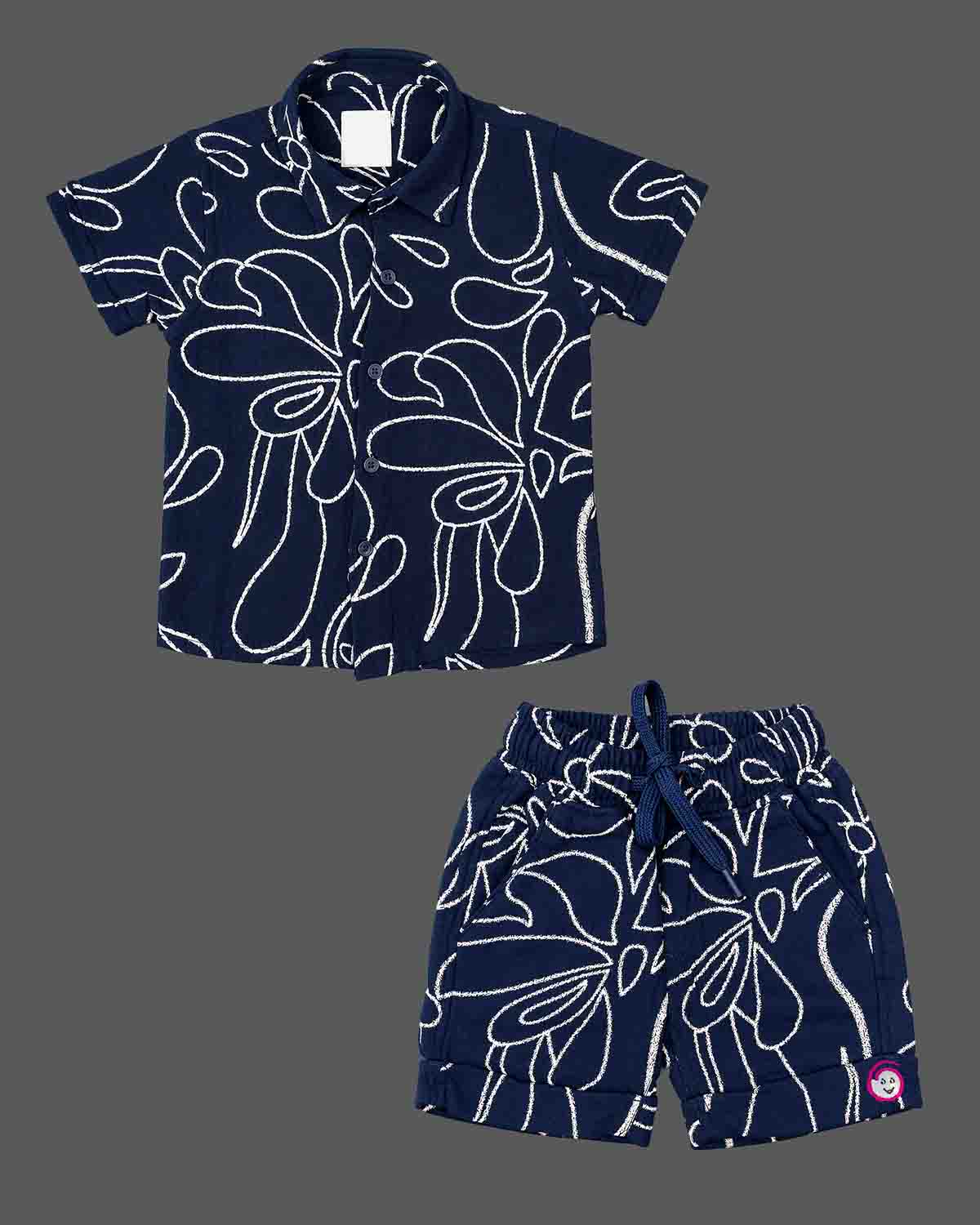 Boys party wear printed short sleeve shirt and elasticated shorts set with line art graphics