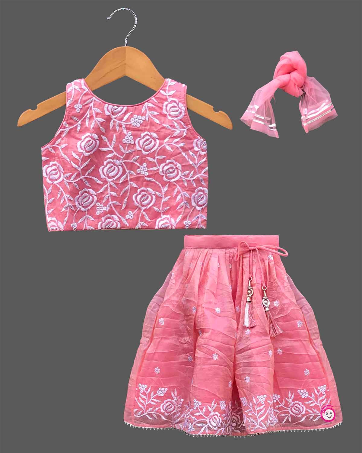 Girl baby thread embroidered floral sleeveless choli top with flared skirt and dupatta set