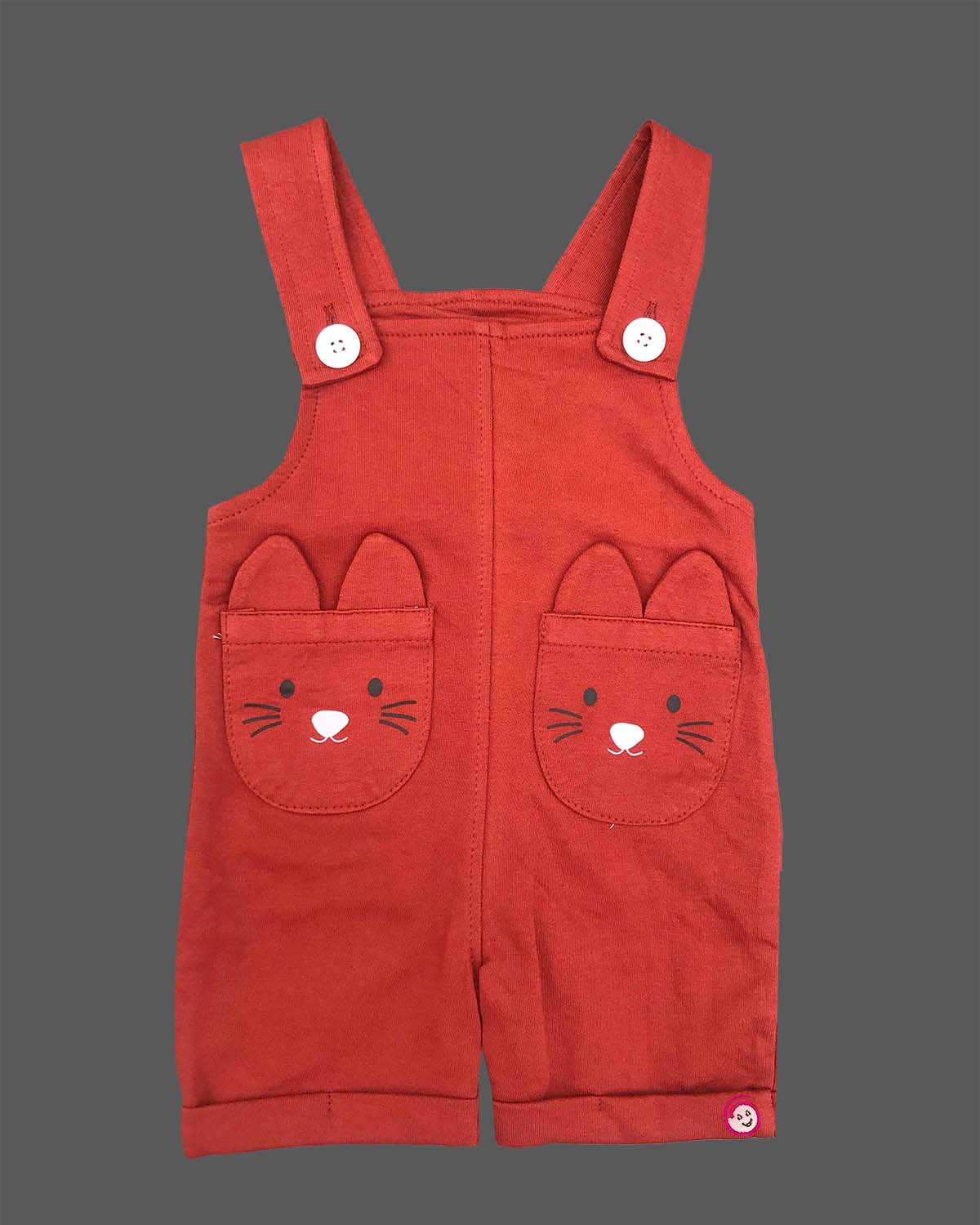 Infant boy wearing soft cotton dungaree shorts set with character face pockets and short sleeve tee.