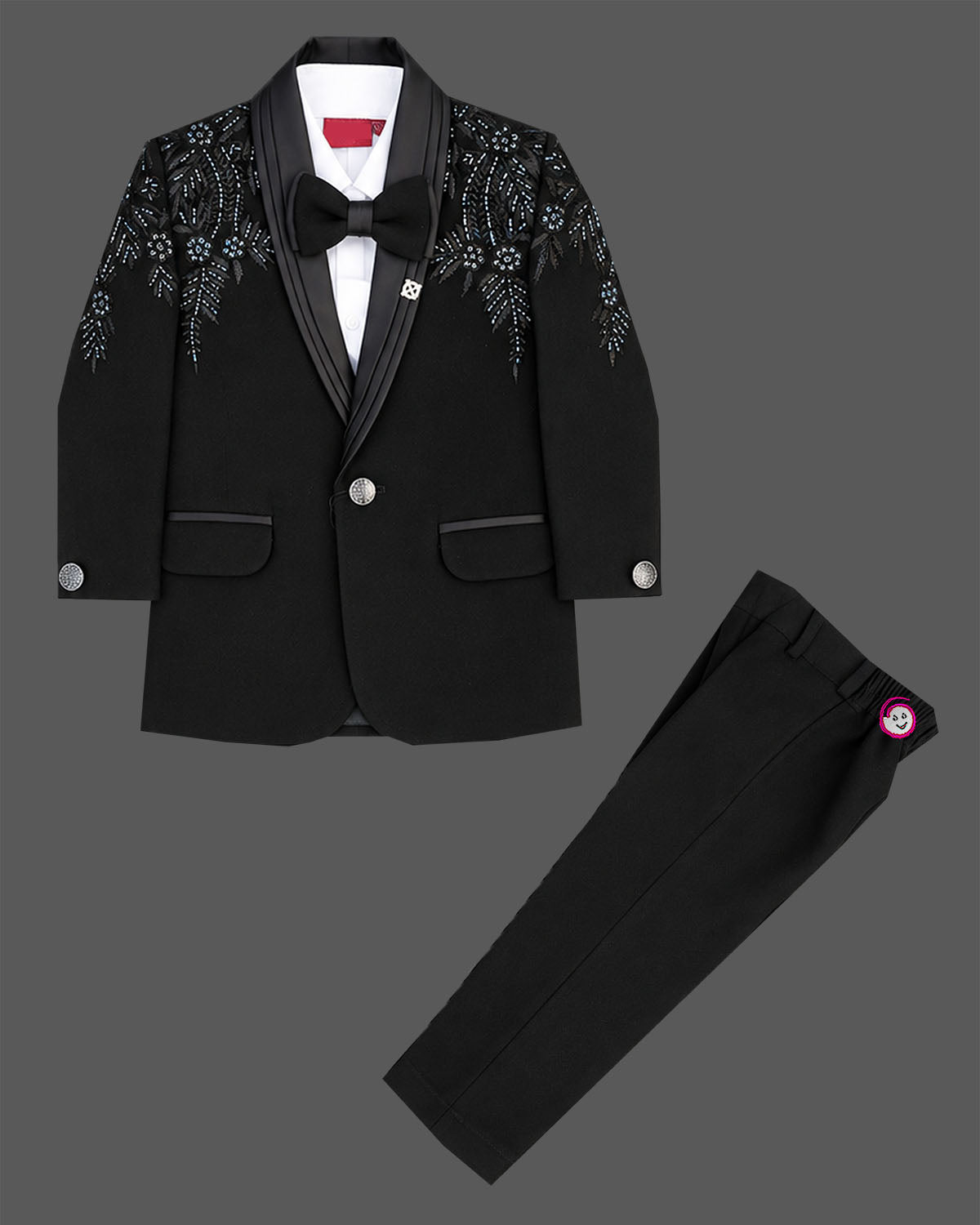 Boys black embroidered formal tuxedo suit set with blazer coat white shirt bow tie and pant for wedding party