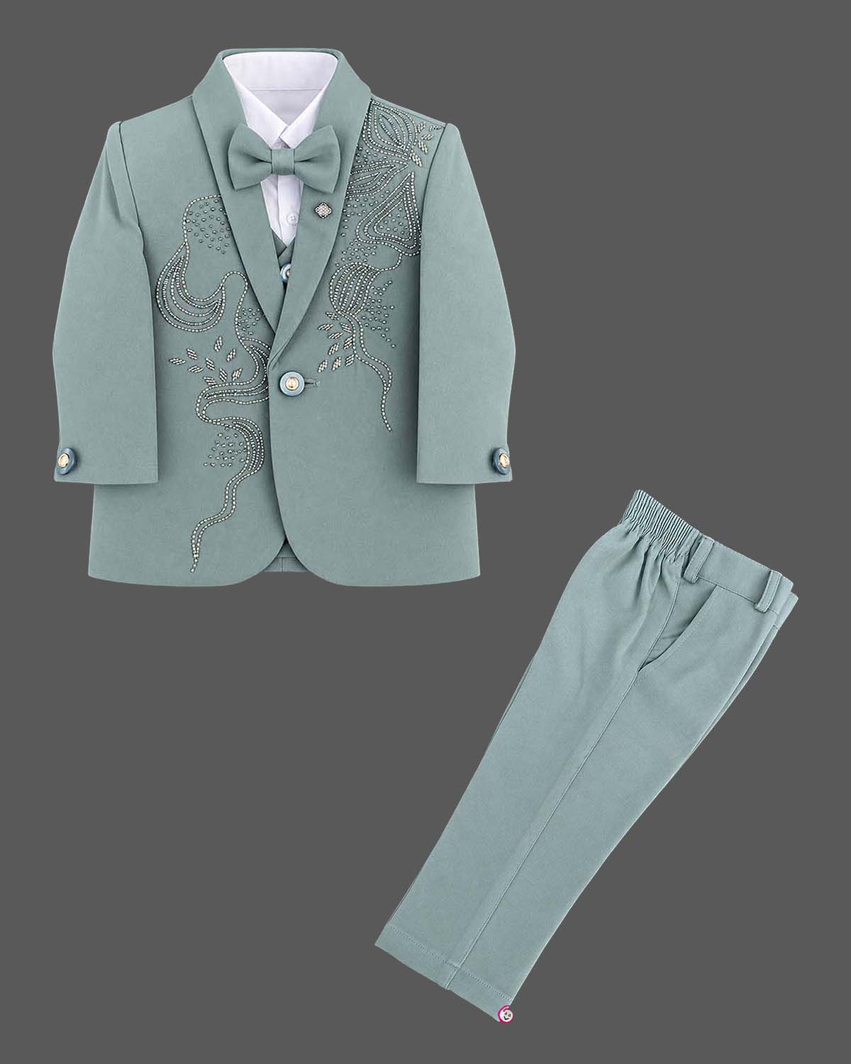 Boys embroidered formal suit set with rhinestone beadwork blazer vest and matching pant.