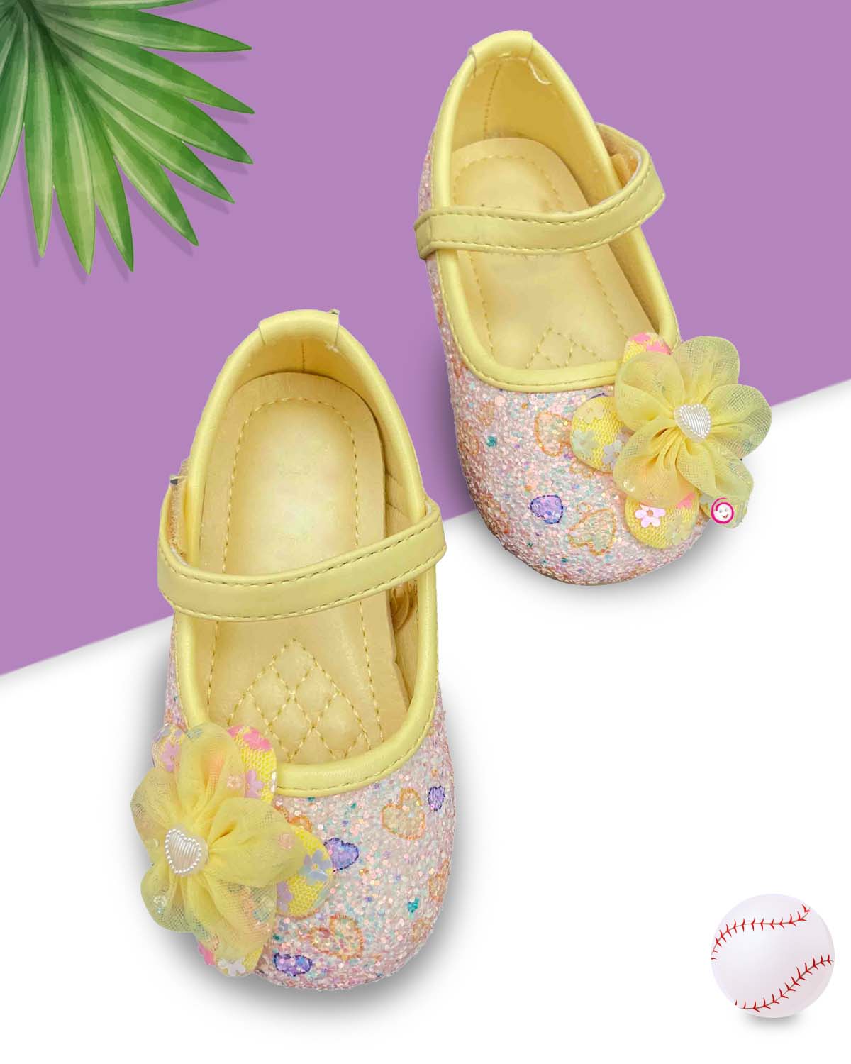 Girls floral applique & Velcro closure party shoe - Light Yellow