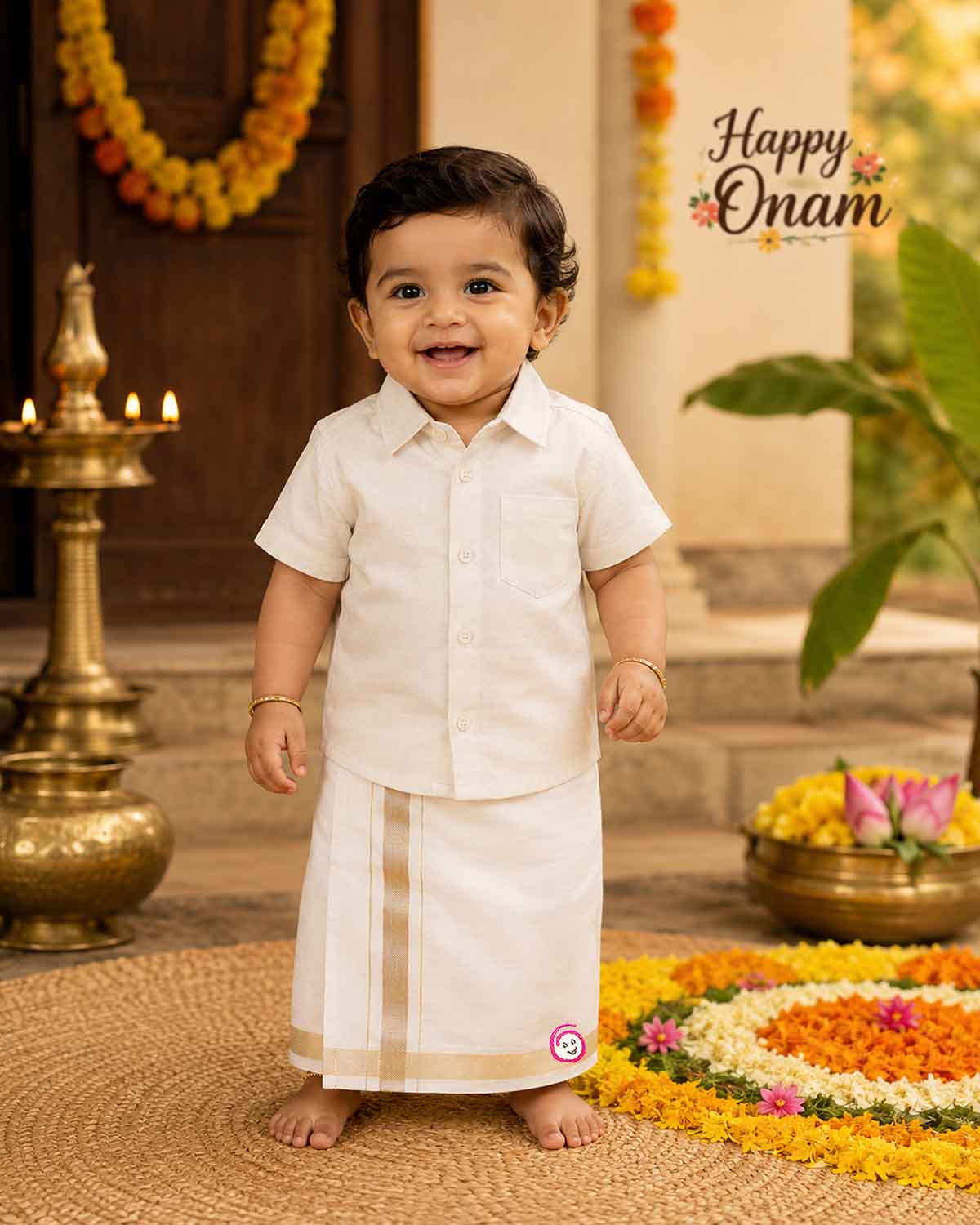 Little gentleman wearing traditional cotton shirt and dhoti for festive occasions