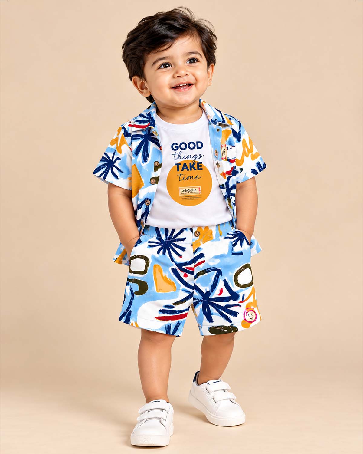 Boys abstract printed shirt and matching shorts set for kids casual wear and summer outings