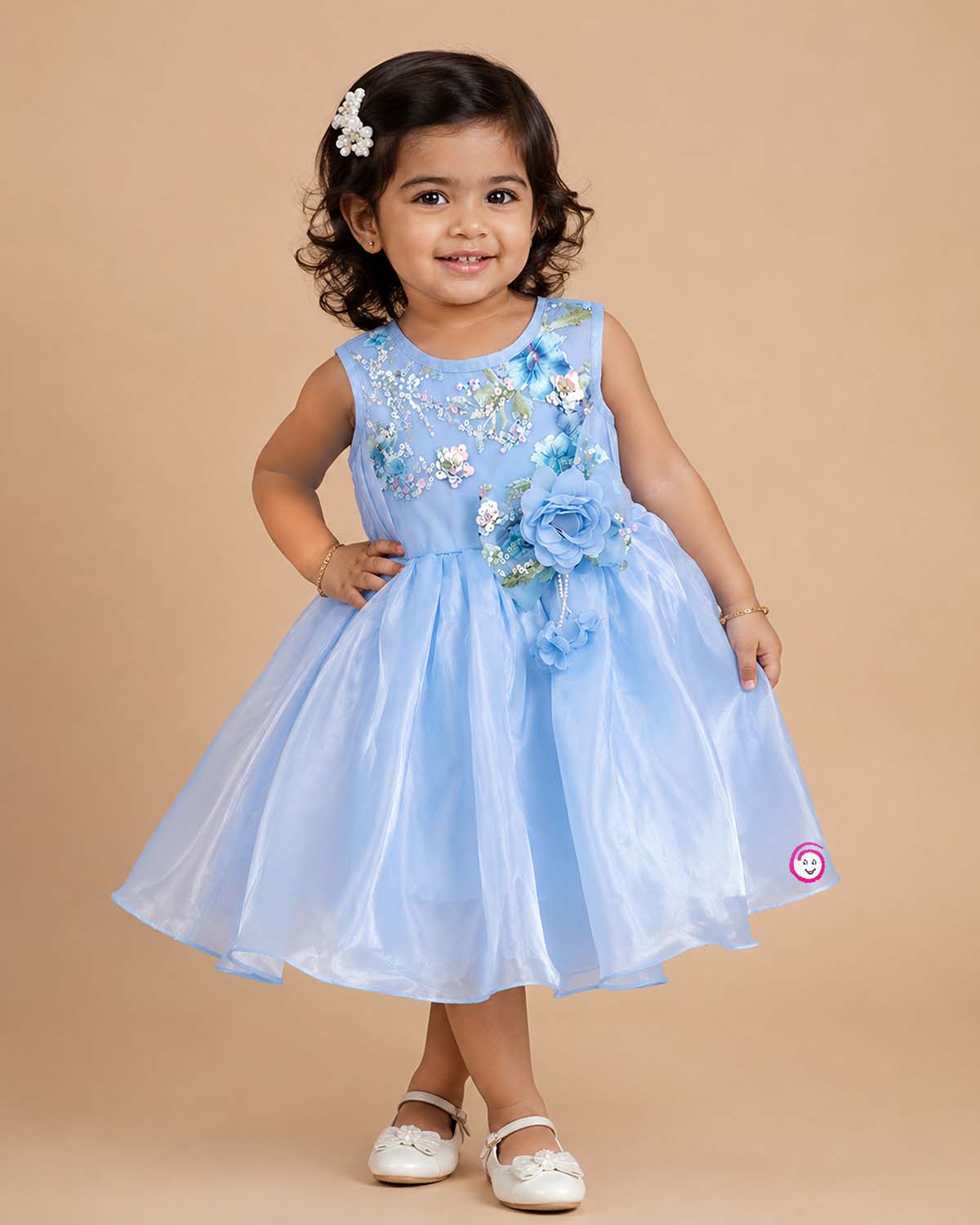 Baby girl floral embroidered party frock with sequin bodice and 3D flower detail
