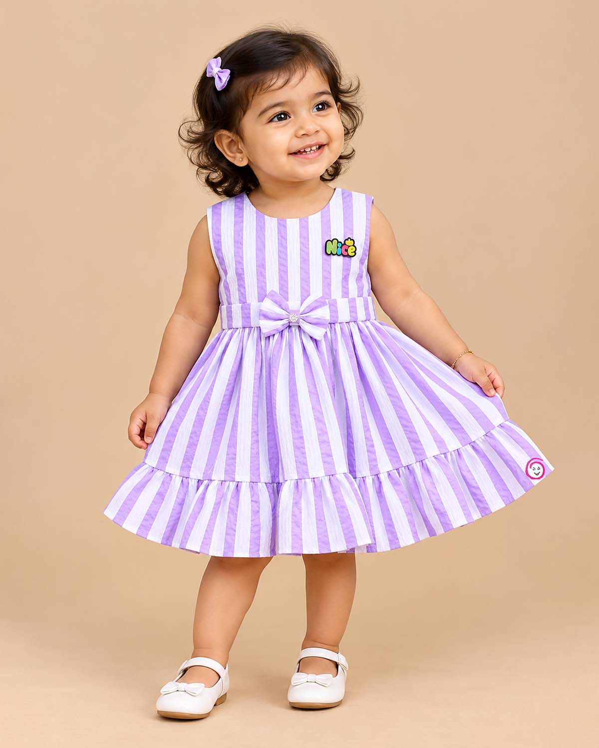 Infant striped seersucker frock with waist bow for birthday party and festive wear