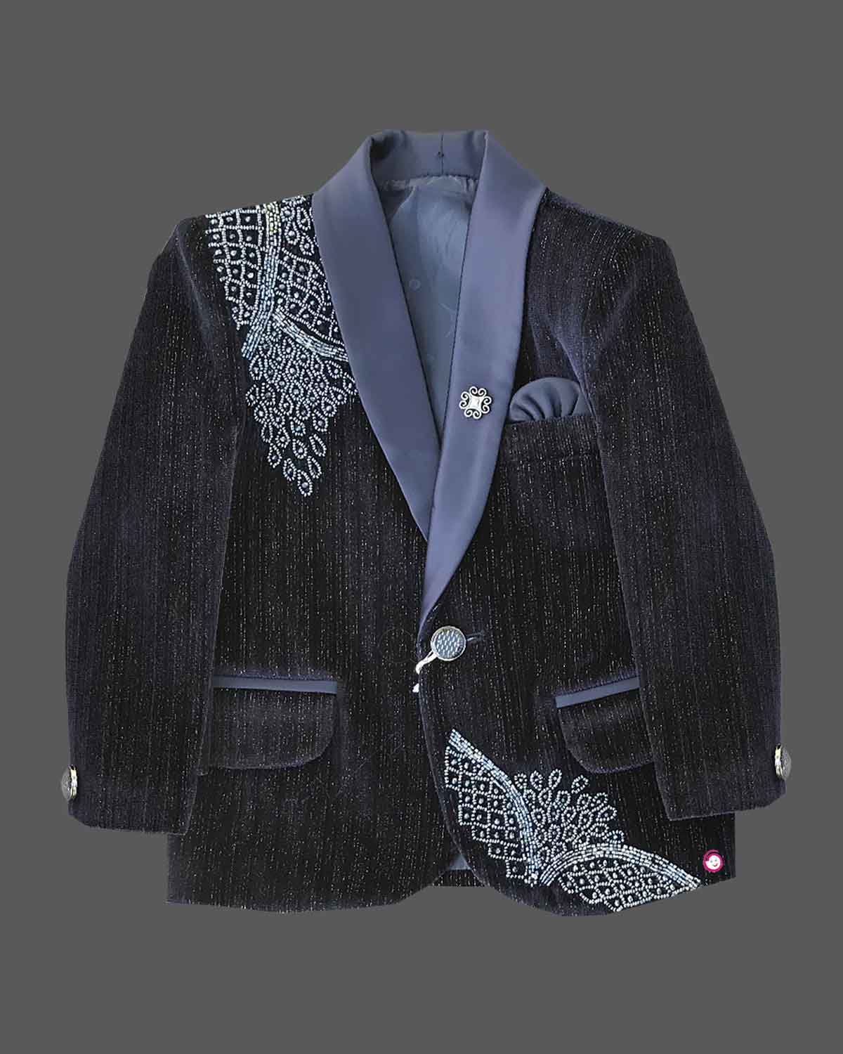 Boys embellished velvet tuxedo blazer coat suit set with tie and trousers for birthday parties and evening receptions.