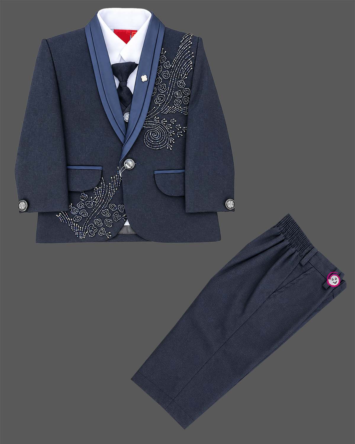 Navy blue formal tuxedo suit set for boys with crystal embellishments, shawl collar jacket, white shirt, tie, and pant for wedding party