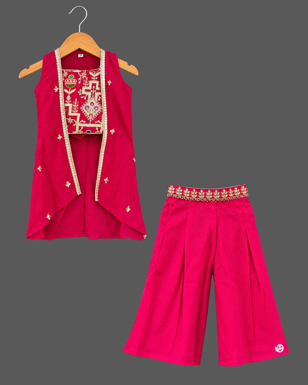 Zari embroidered kids palazzo set featuring a sleeveless long jacket and pleated palazzo pants