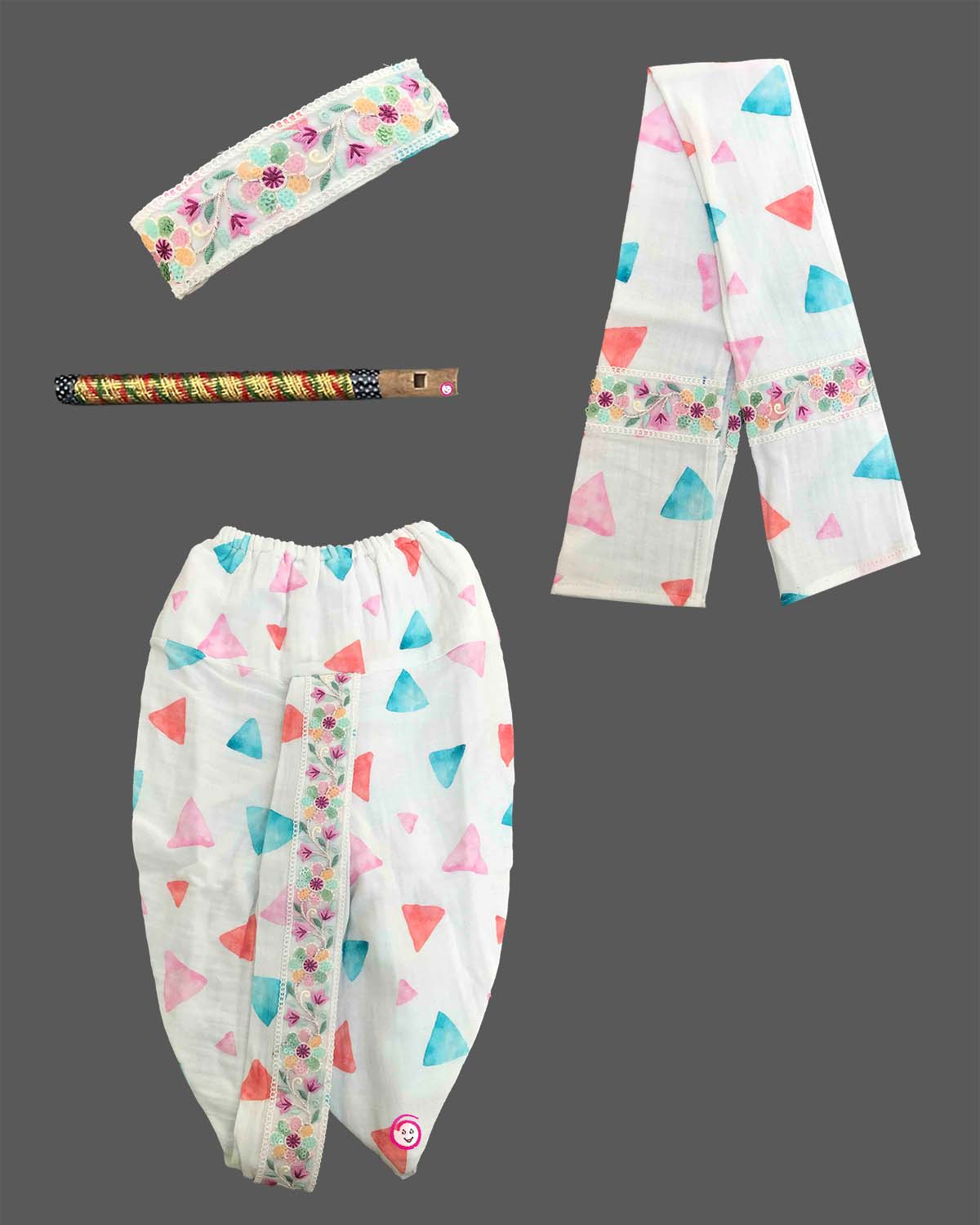 Little gentleman printed cotton Krishna dress set with printed dhoti stole headband and flute for Janmashtami