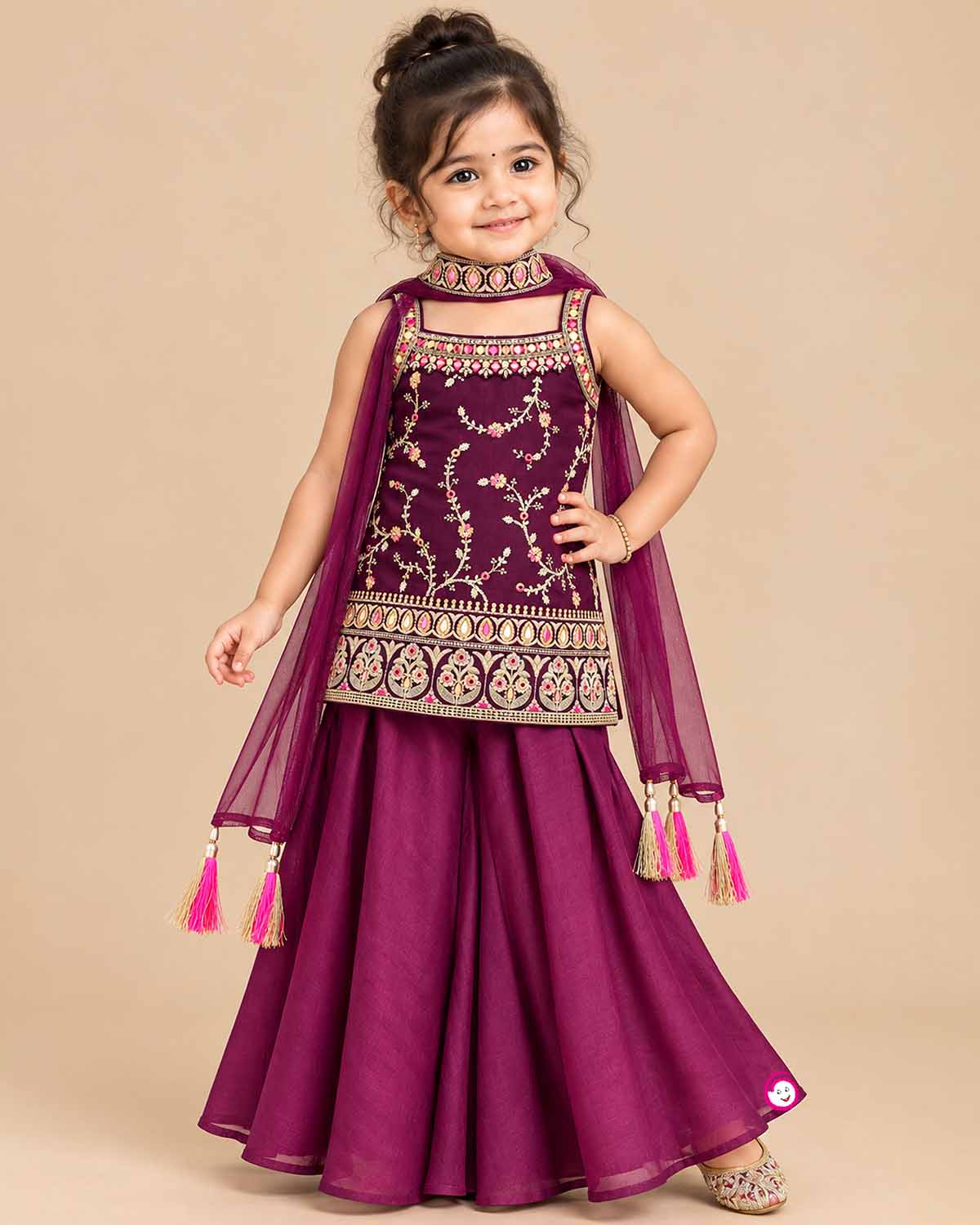 Girls ethnic embroidered sharara set with sleeveless kurti and dupatta for festive occasions