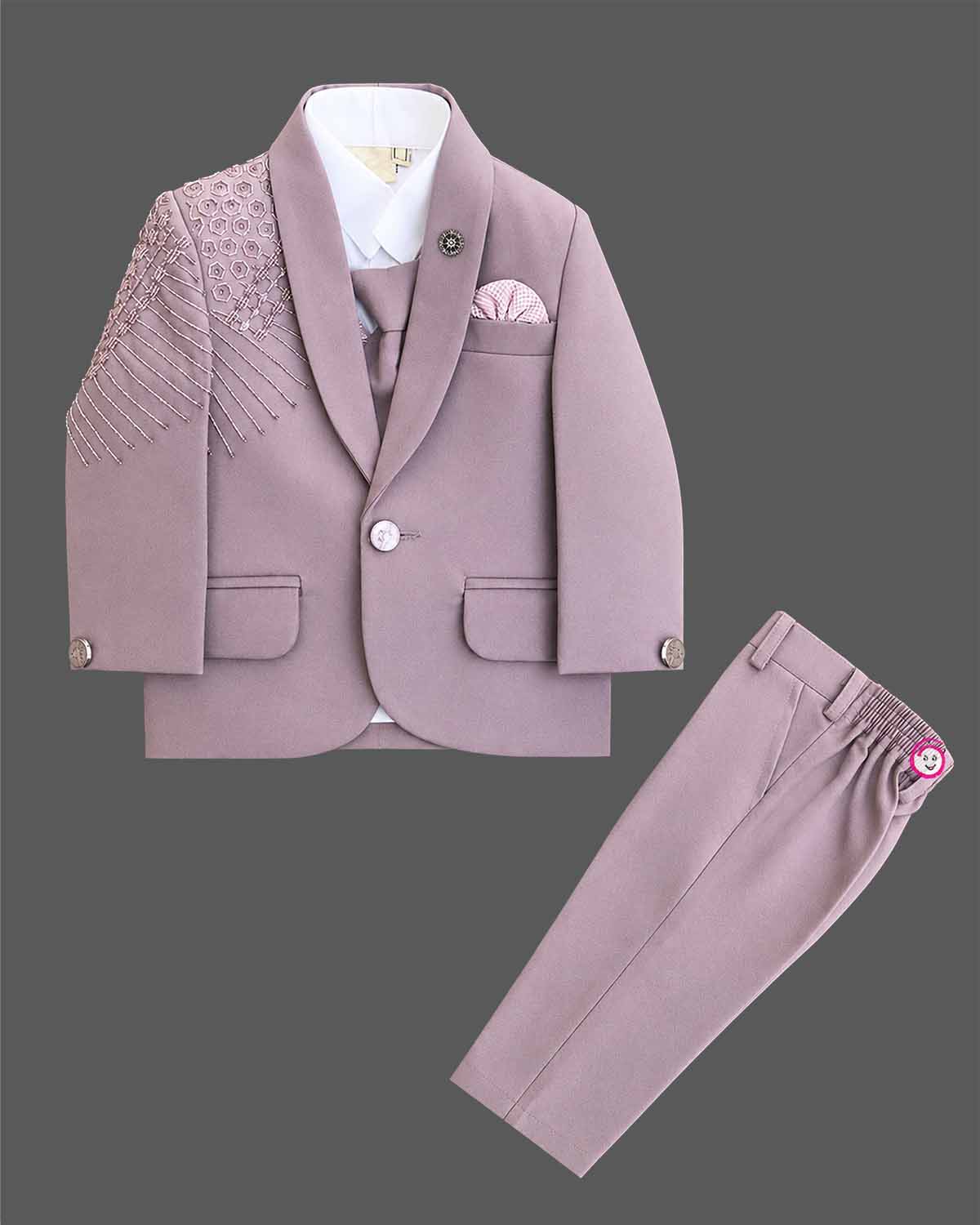 Boys dusty mauve formal suit blazer with shoulder sequin embellishments and tassel fringe, tie, pocket square, paired with elastic waist formal pant