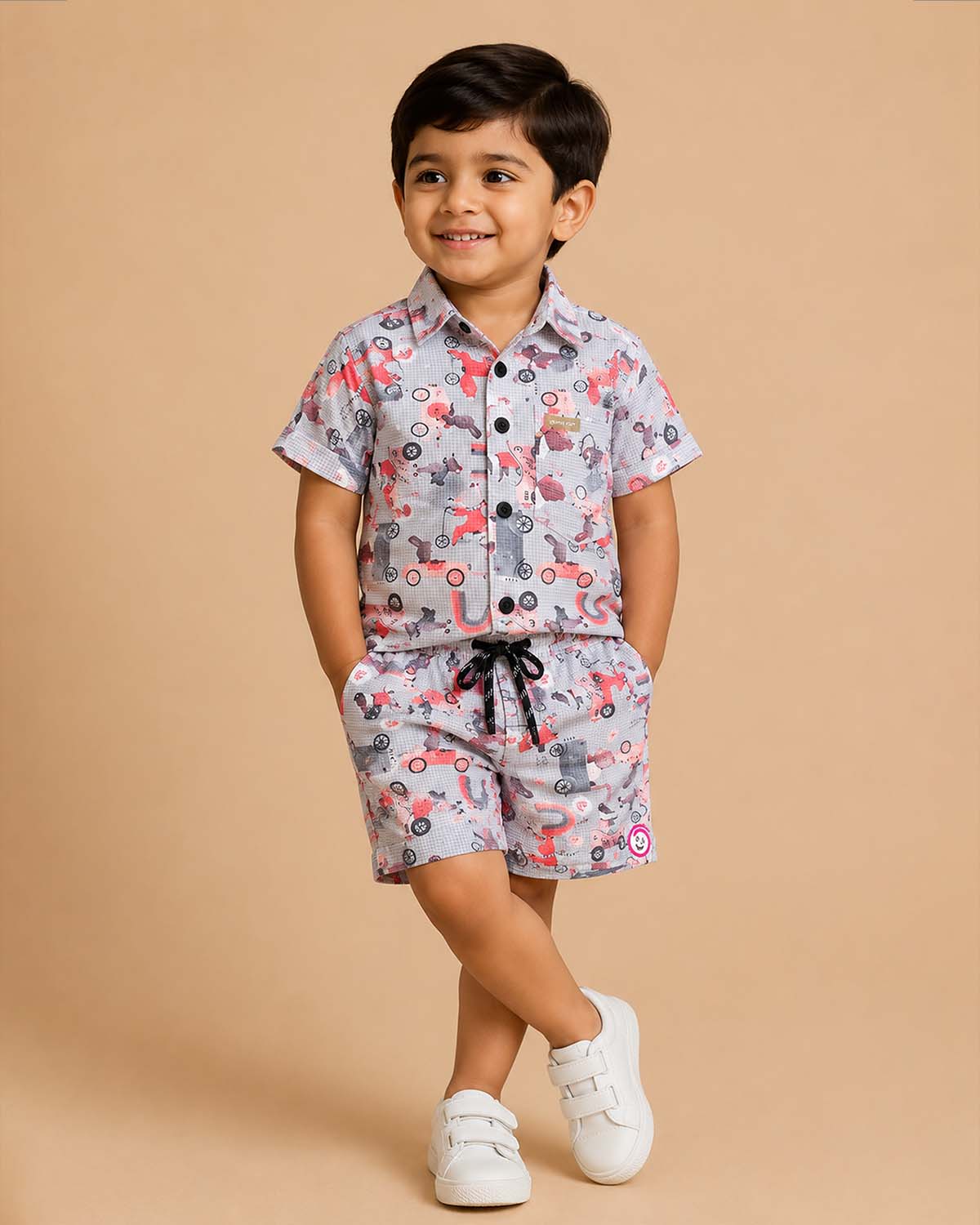 Baby boy printed cotton short sleeve button-down shirt and drawstring shorts set for kids everyday playwear