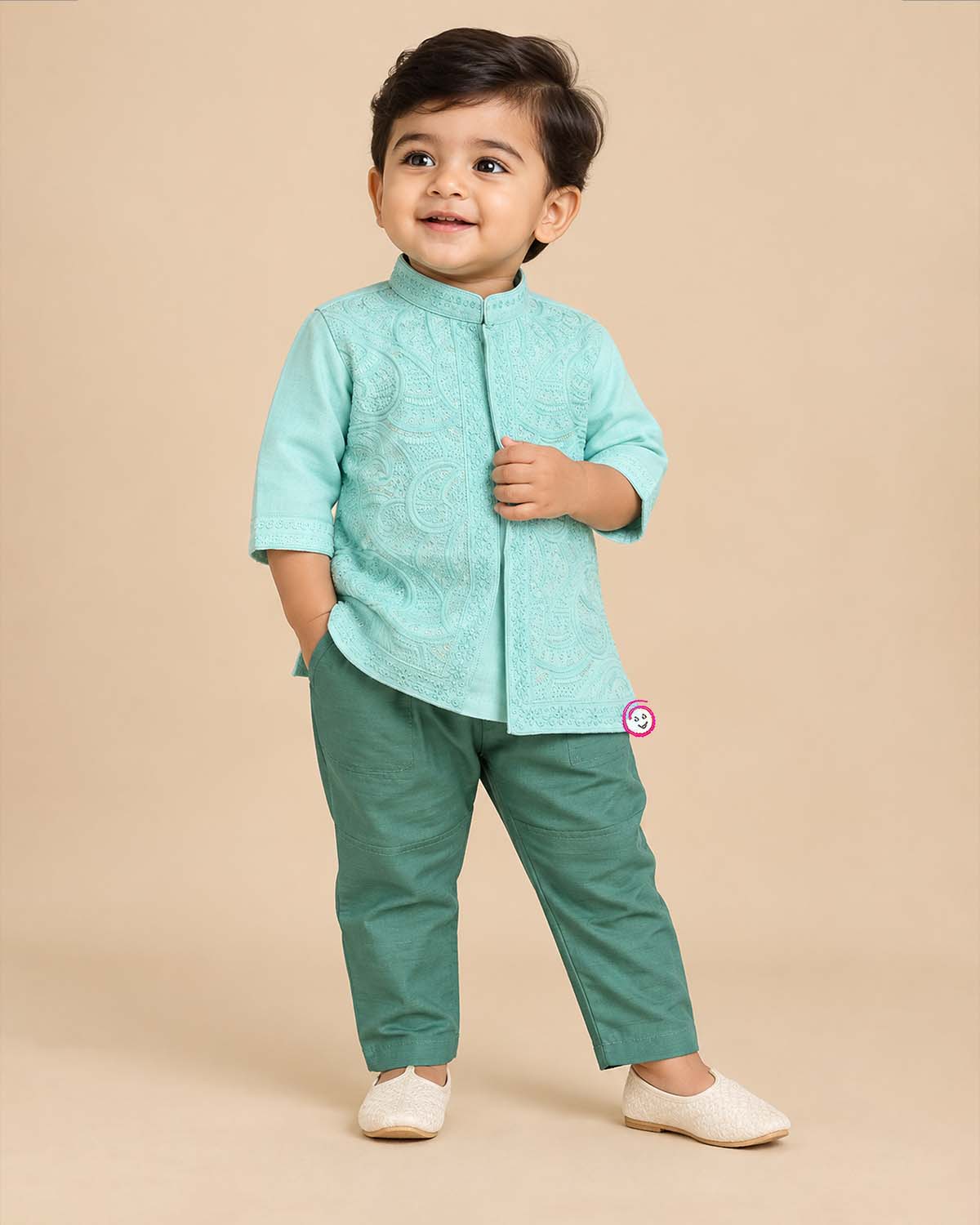 Boys designer thread embroidered ethnic sherwani jacket with mandarin collar and matching tailored elastic waist pant