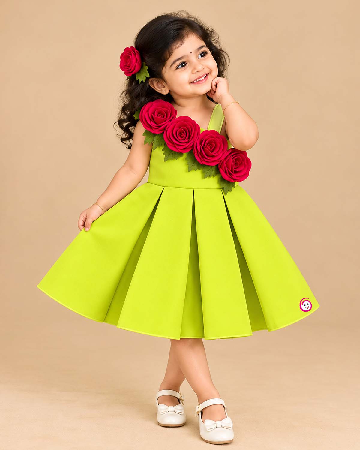 One-shoulder pleated party frock adorned with cascading fabric roses and green leaf details for festive celebrations.