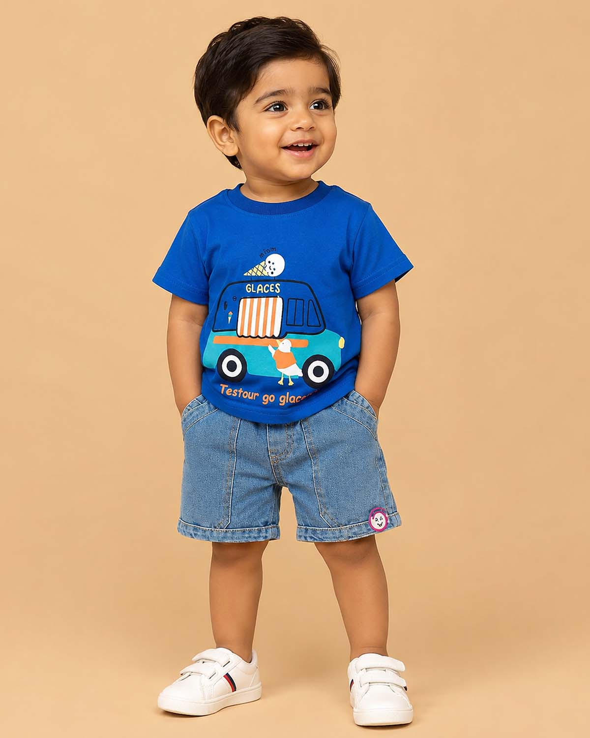 Royal blue graphic t-shirt with ice cream truck print and light wash blue denim elasticated shorts baby boy top and shorts set for summer vacations, playdates, and park outings