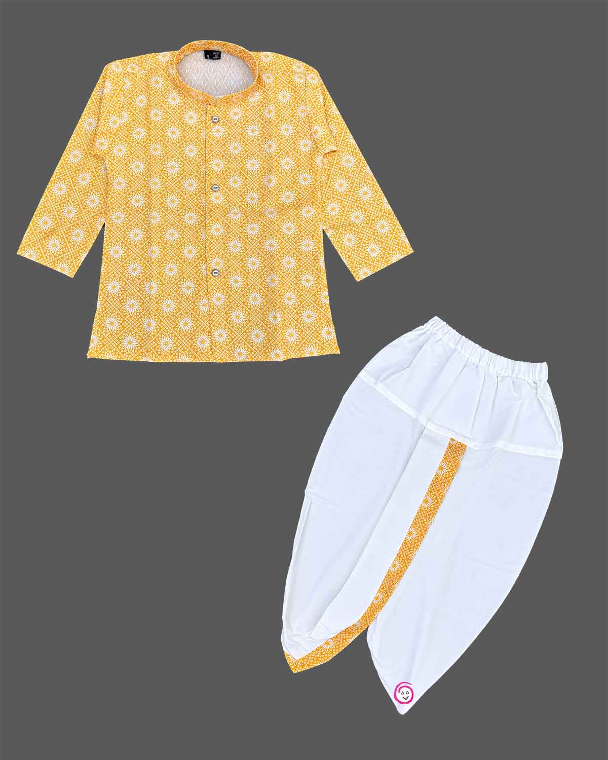 Baby boy printed ethnic kurta and dhoti pant set with mandarin collar and front placket buttons for pooja celebrations.