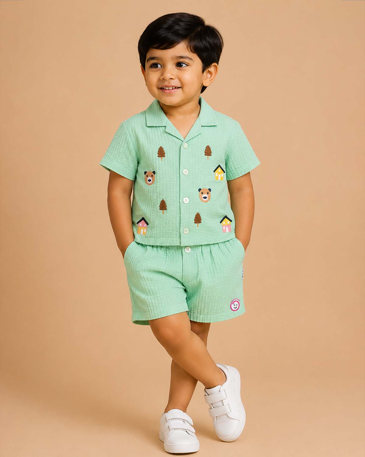 Baby boy embroidered textured cotton short sleeve button-down shirt with matching shorts set for everyday playwear
