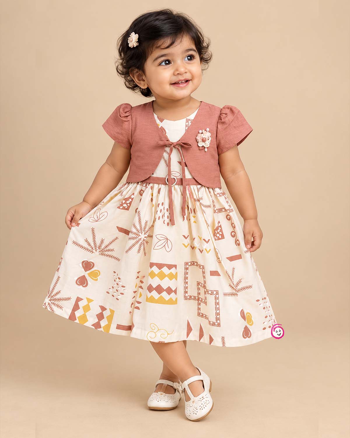 Little Girl Casual Frock featuring a cream dress with patterns and a peachish-pink textured shrug/jacket with a flower brooch and tie-up front.