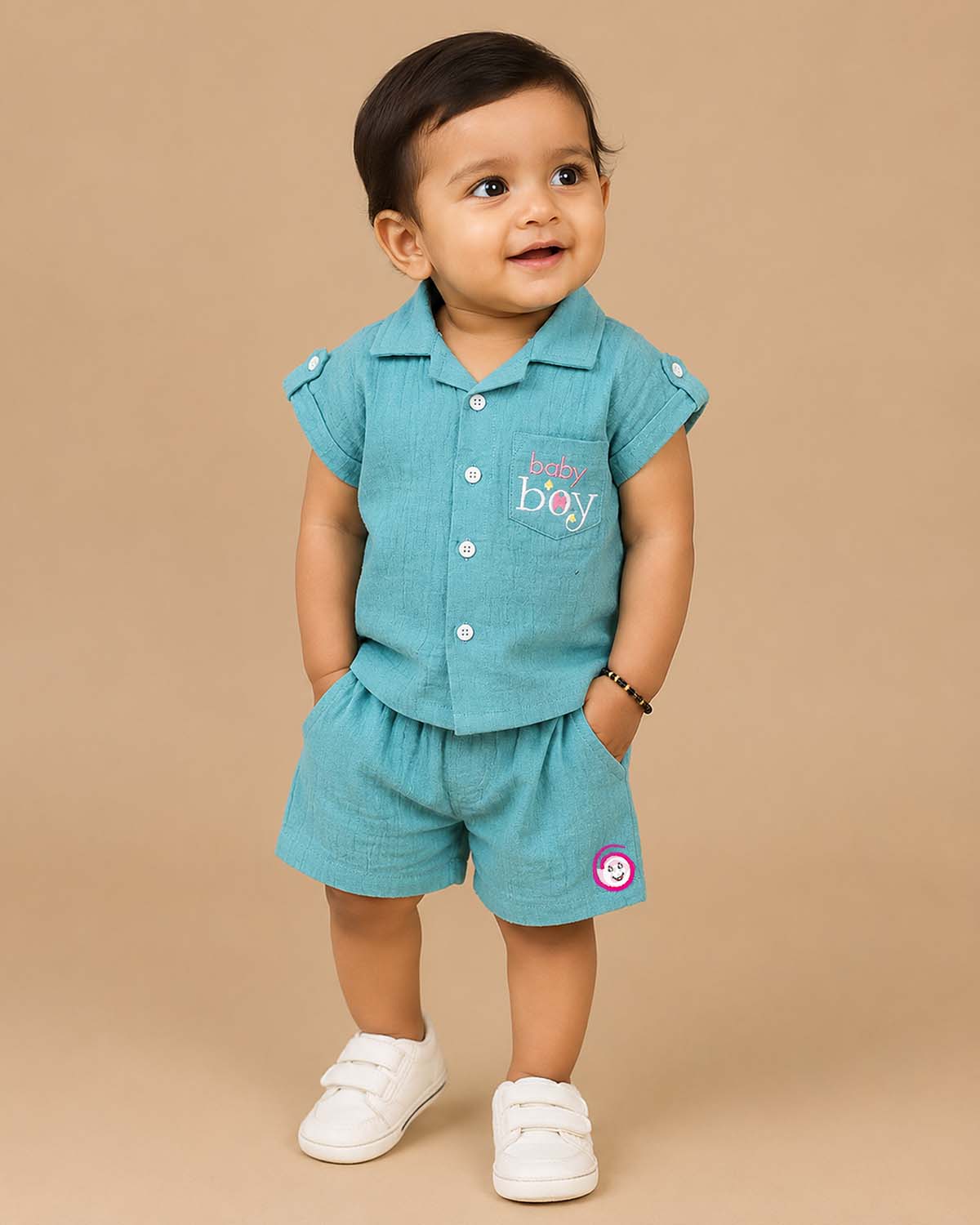 Teal sea green premium cotton muslin short sleeve button down shirt with pocket embroidery and matching shorts