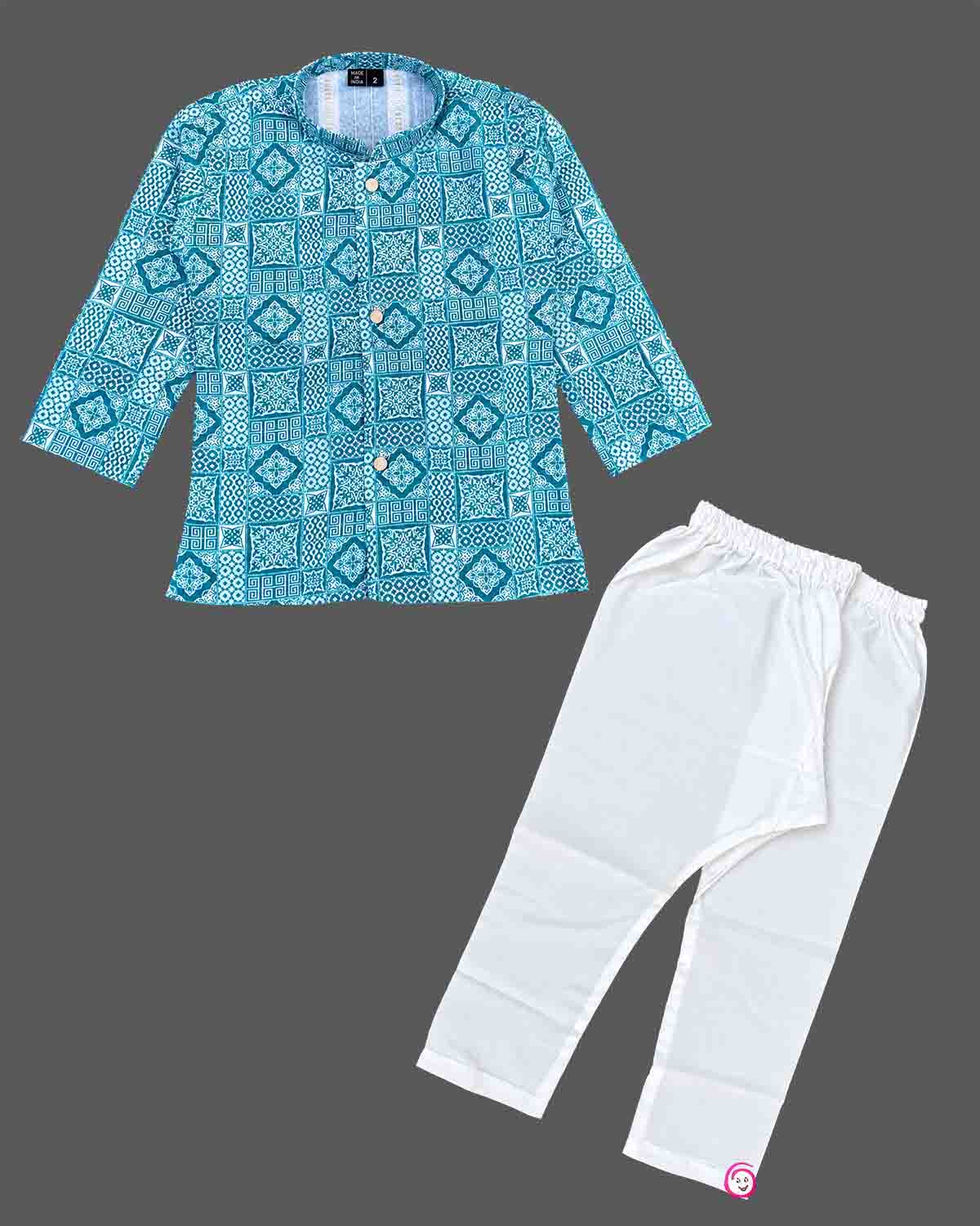 Baby boy geometric printed cotton kurta with mandarin collar and matching elasticated dhoti bottoms