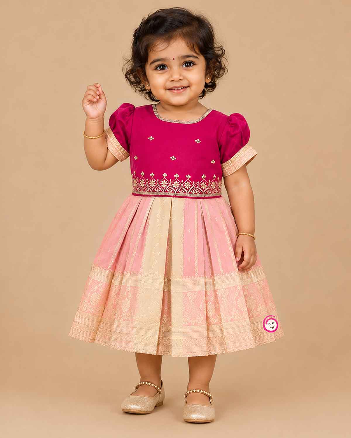 Girls traditional ethnic cotton silk frock with golden embroidery and zari border for birthday, wedding, and reception functions