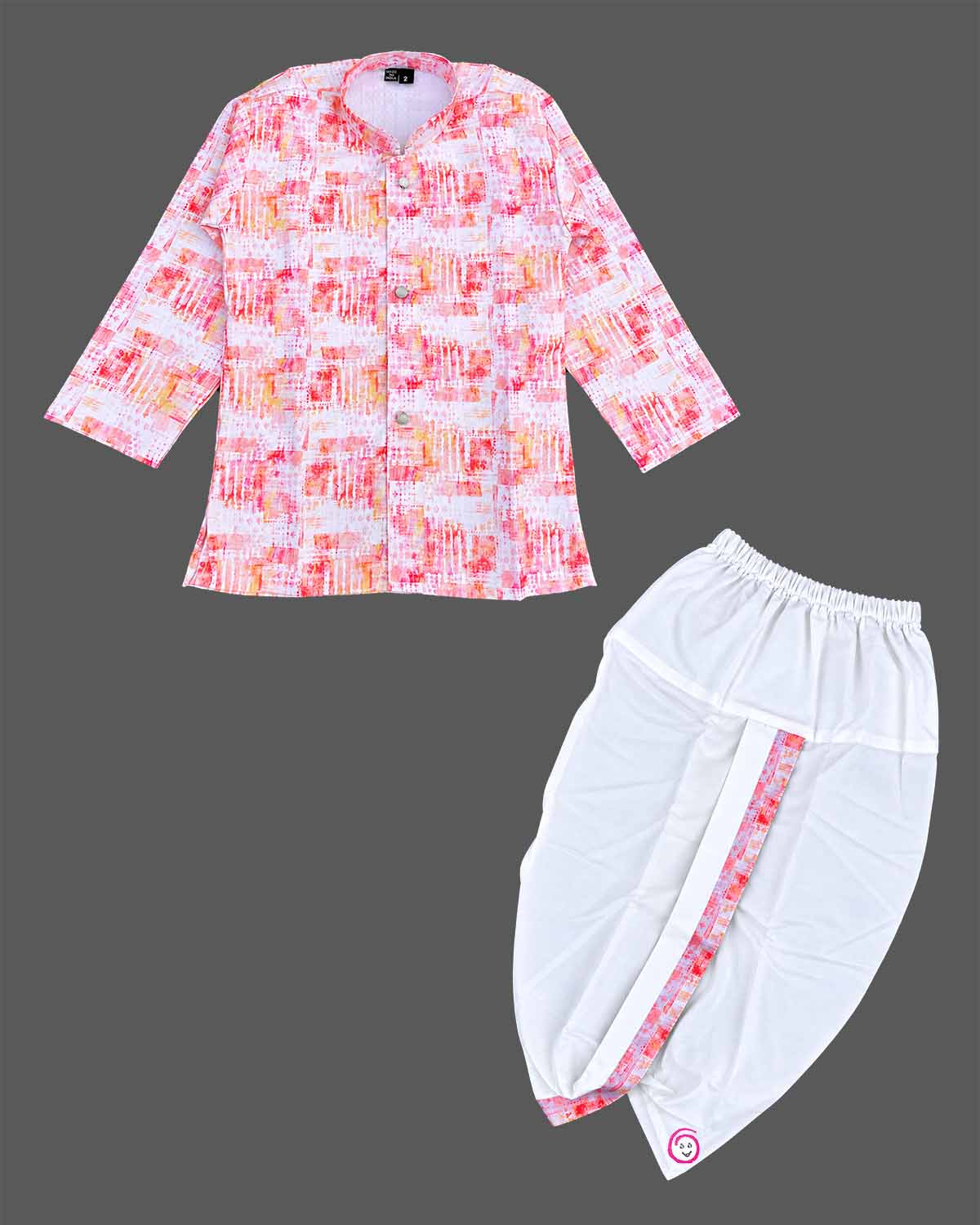 Baby boy wearing a mandarin collar printed kurta and elastic pyjama set for festive celebrations.