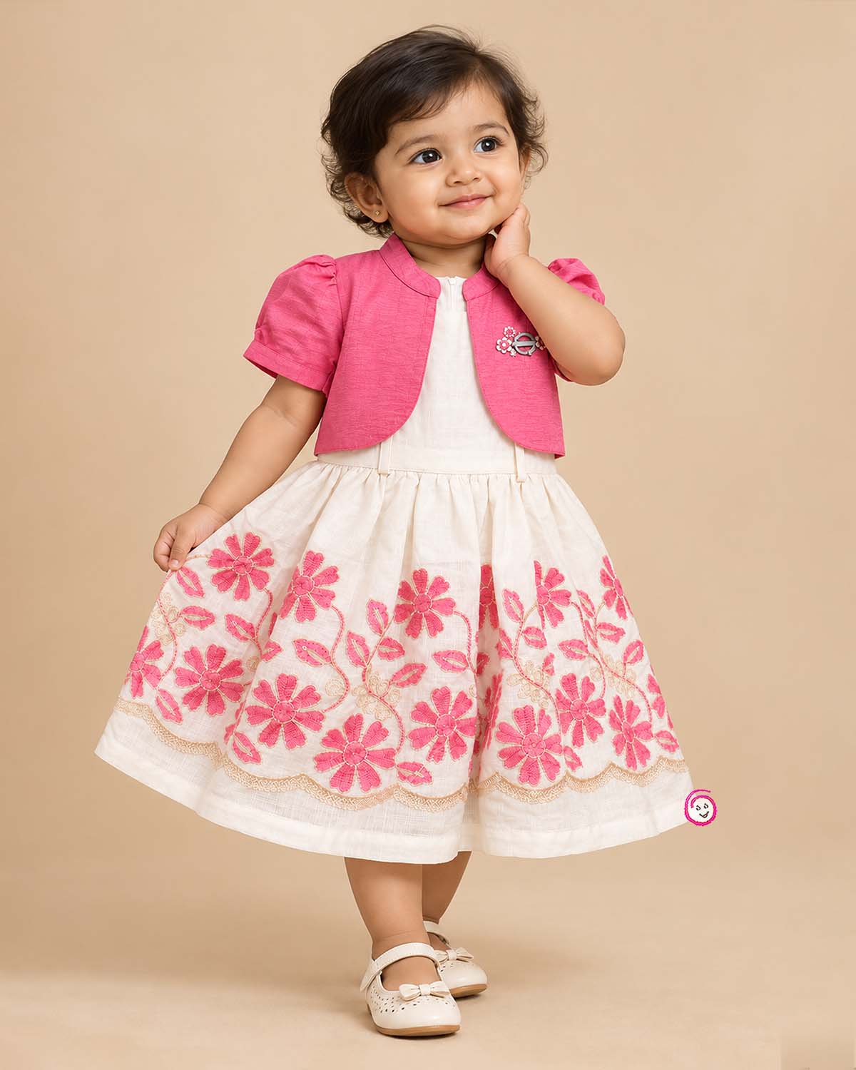 Little girl off-white and pink floral embroidered cotton dress paired with a cropped pink short sleeve jacket