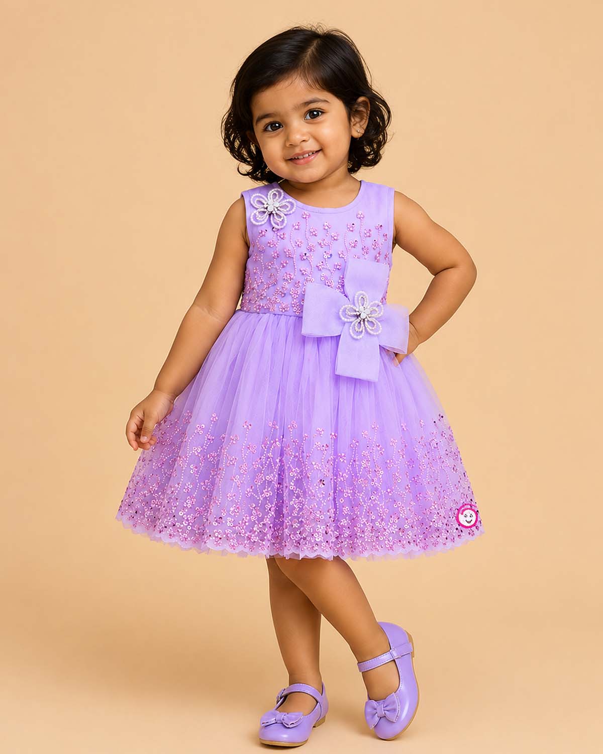 Baby girl sequin embellished party wear net frock with bow appliqué