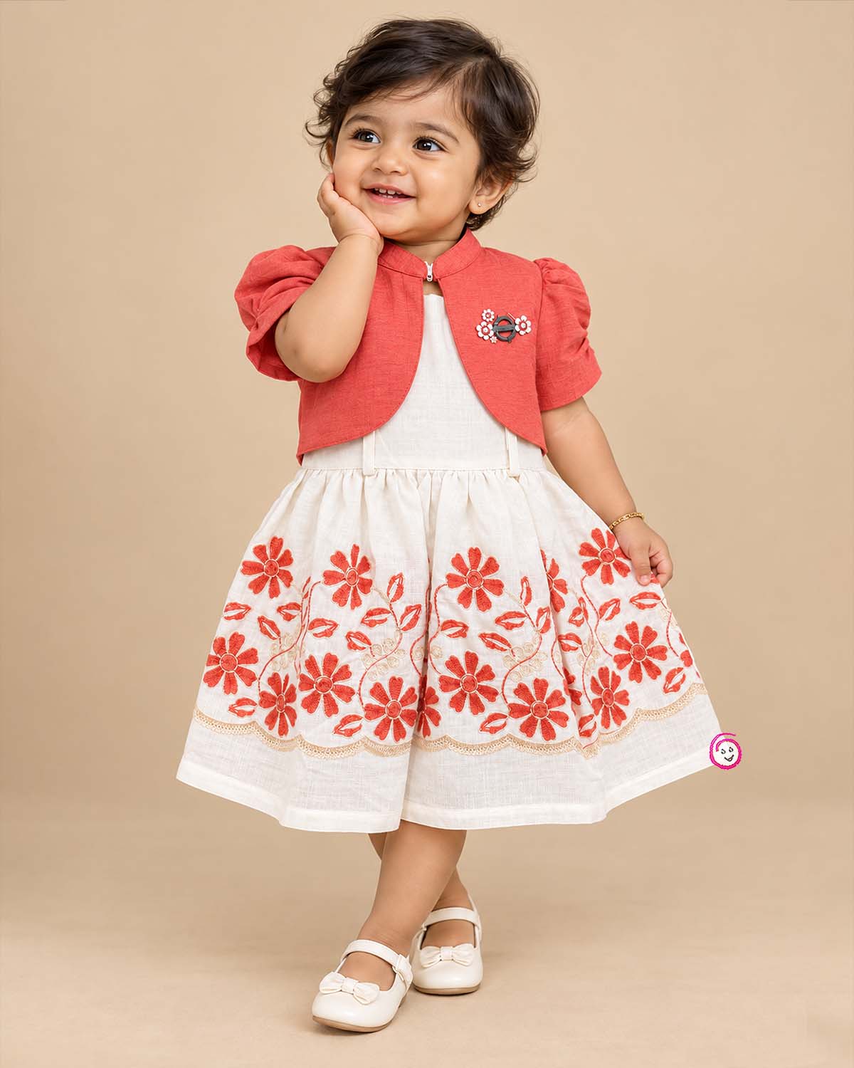Little princess cream and rust orange floral embroidered cotton frock with short puff sleeve jacket for girls