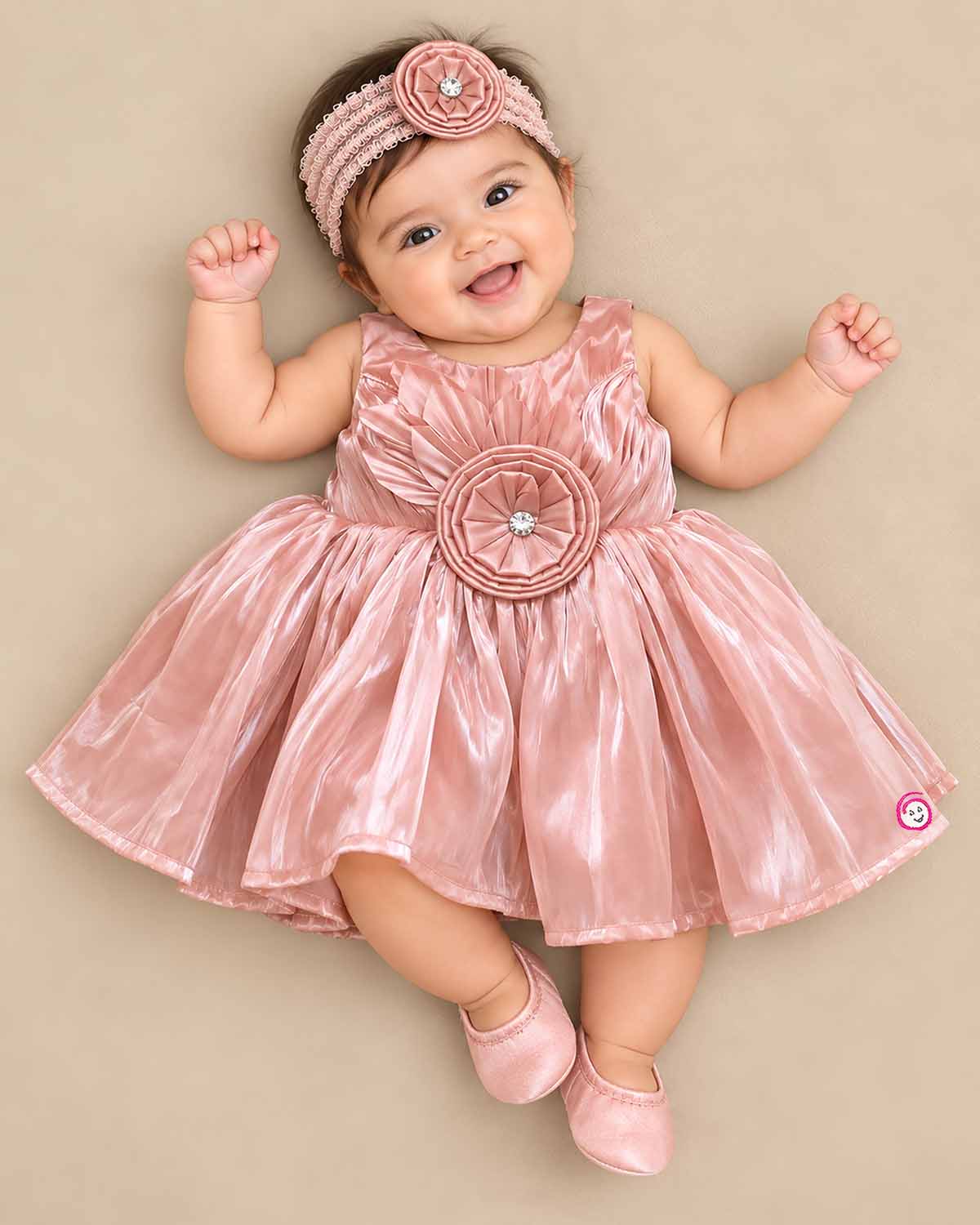 Toddler satin party frock with floral rosette applique for festive celebrations and family gatherings