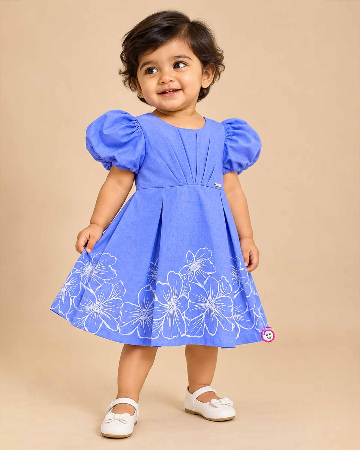 Girls powder blue puff sleeve cotton casual frock with white floral border print