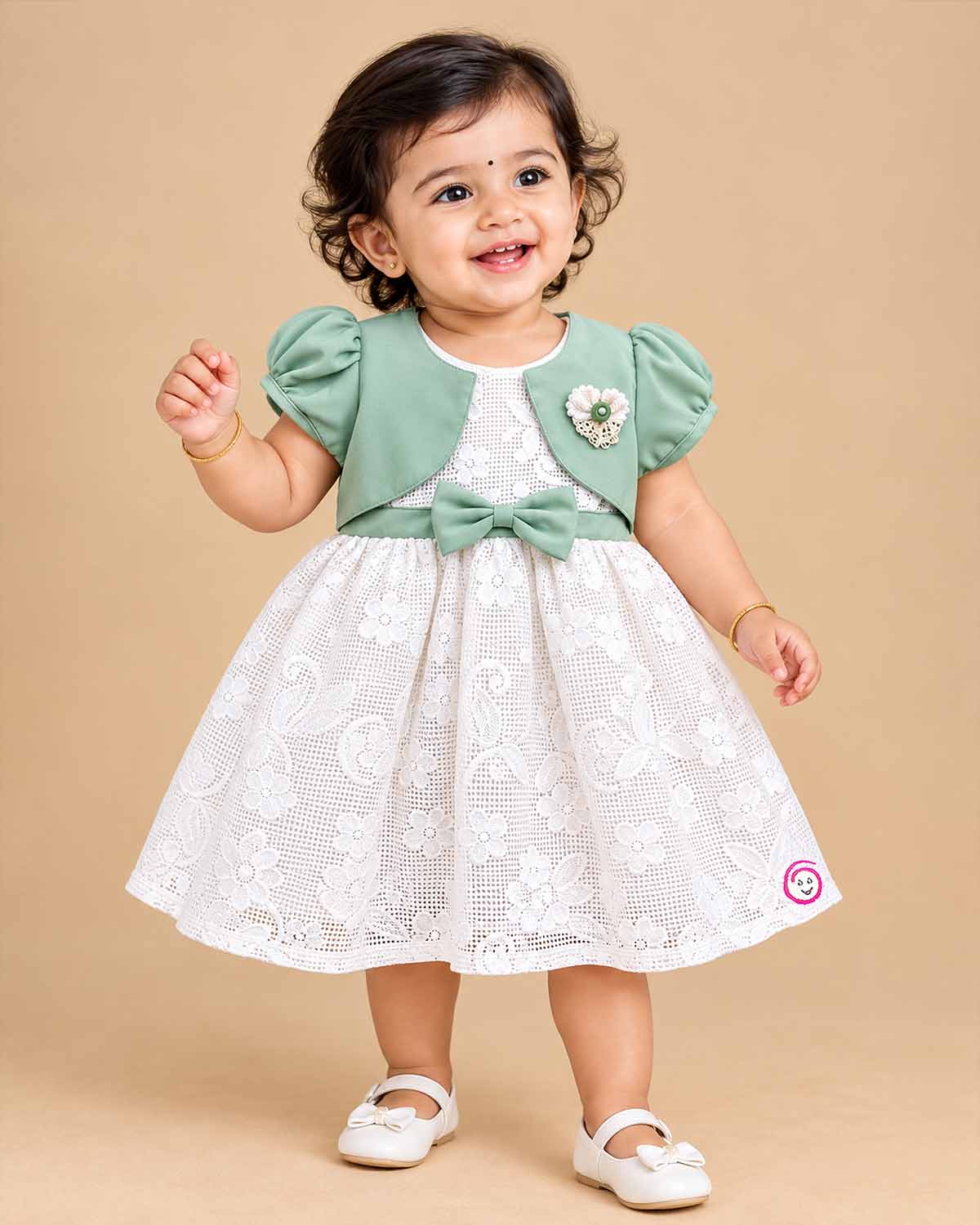 Baby girl casual gown frock with attached jacket layer lace design bow detail and floral brooch