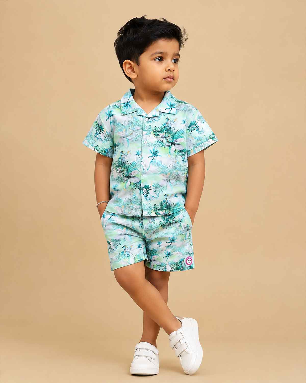 Kids short sleeve button up printed shirt with elastic waistband shorts outfit