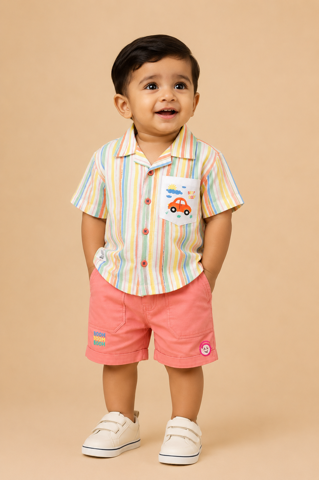 Baby Boy Striped Shirt with Car Appliqué and Matching Cuffed Shorts Set