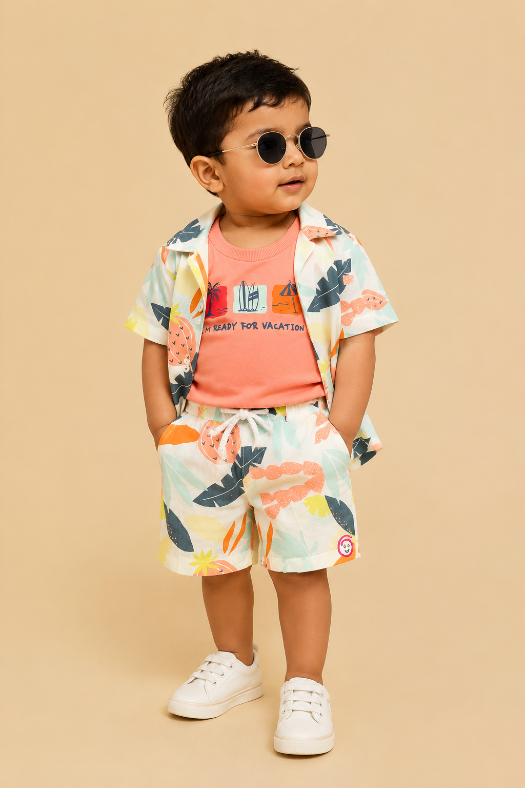Boys Tropical Printed Pure Cotton Shirt & Shorts Co-ord Set featuring notch collar shirt with pockets and matching drawstring shorts.