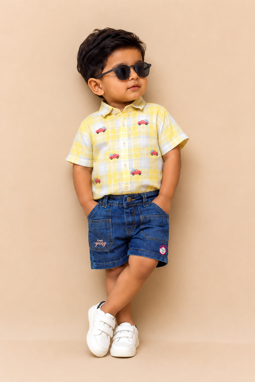 Boys Plaid Embroidered Cotton Shirt & Denim Shorts Set featuring vehicle embroidered motifs, spread collar, and elasticated denim shorts with pockets.