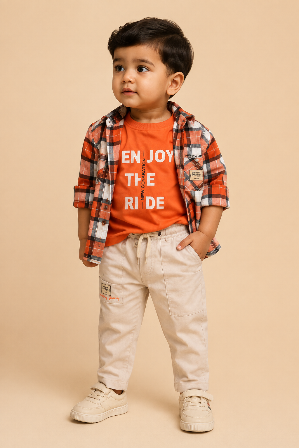 Little gentleman plaid short sleeve button up shirt with inner round neck graphic tee and matching trousers