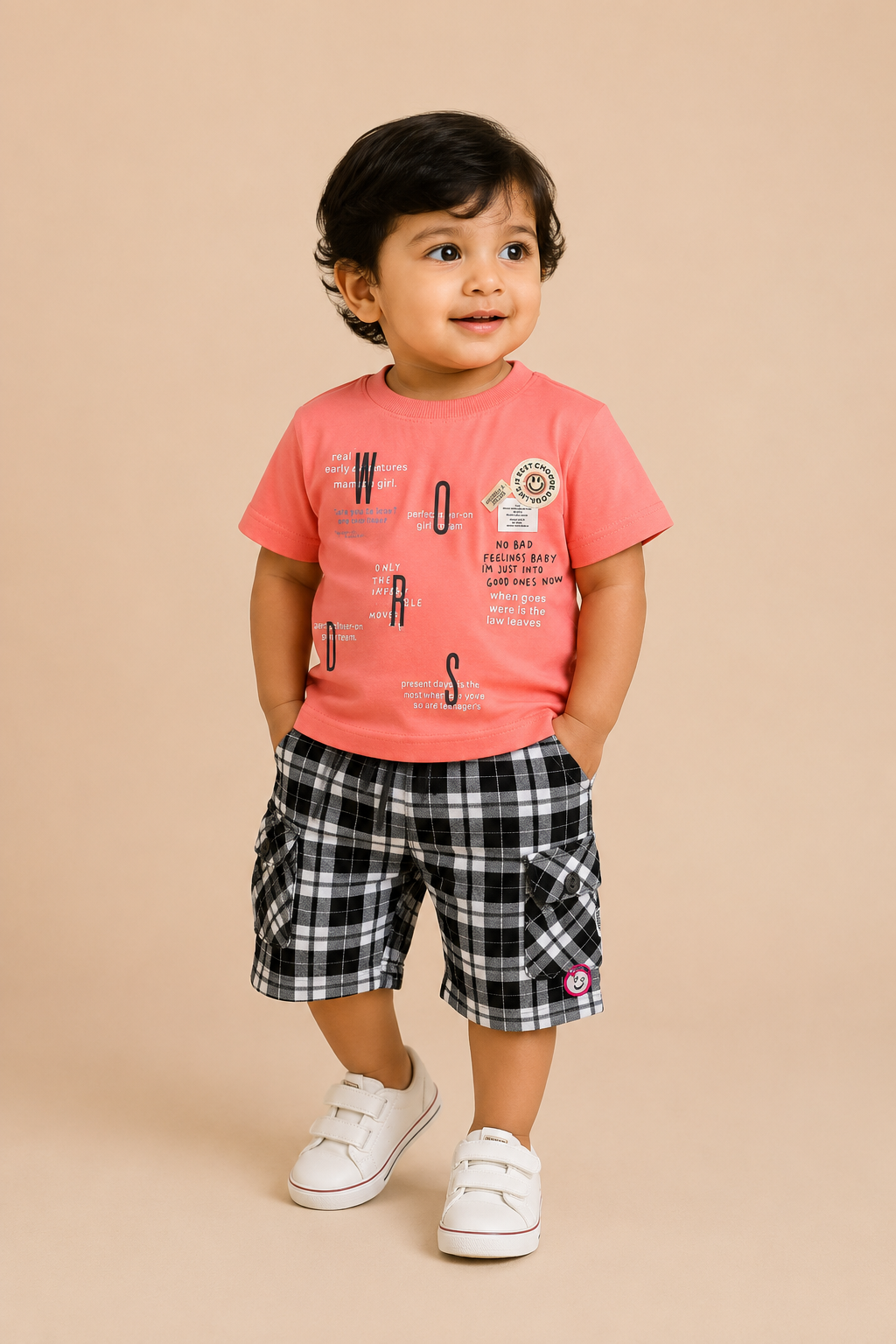 Toddler boy typography graphic tee with elastic drawstring checkered cargo shorts