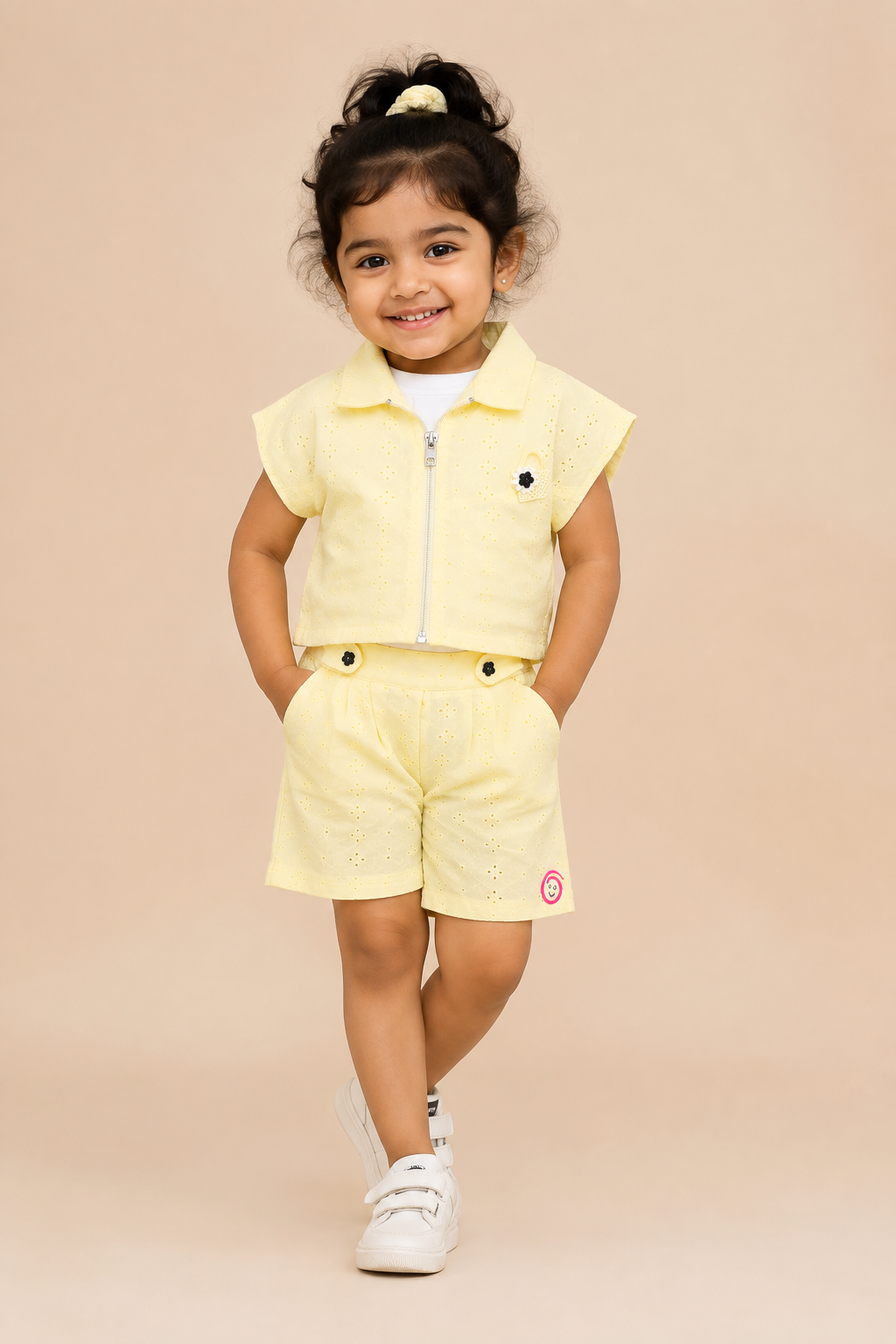 Baby girl cutwork floral embroidered zip jacket top with tailored shorts and tank top set