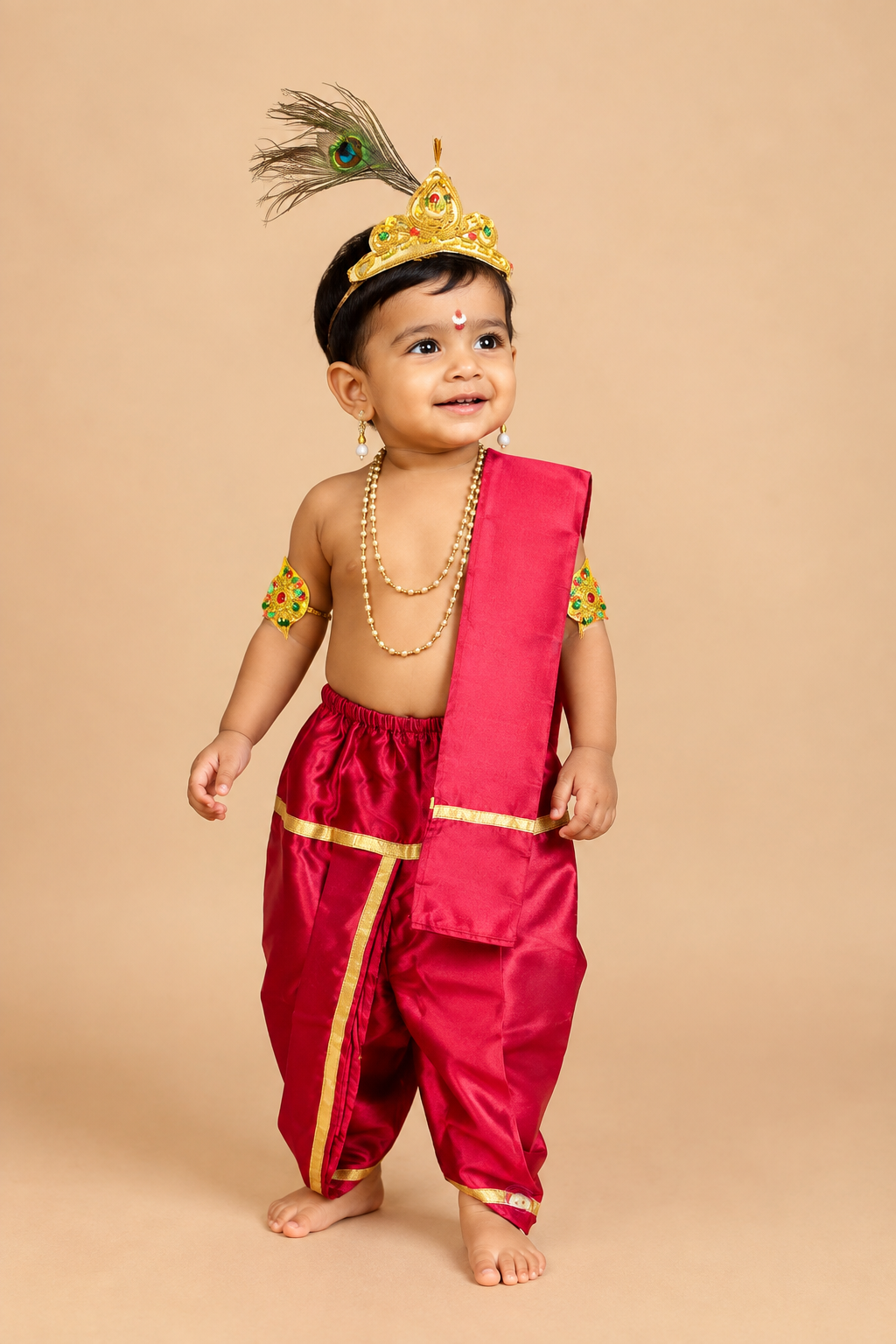Little Krishna silk blend outfit with dhoti stole mukut feather flute and jewelry for Janmashtami