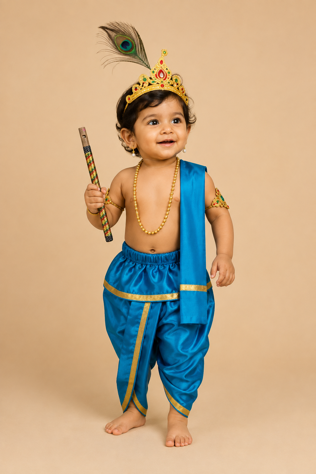 Young Prince Krishna dress set with mukut peacock feather flute dhoti and accessories for Gokulashtami