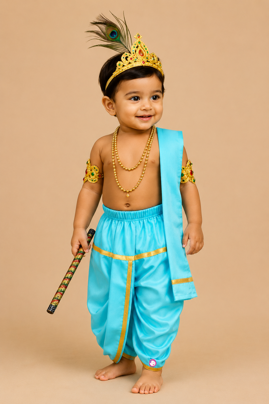 Toddler Krishna dress set with mukut peacock feather flute dhoti and accessories for Janmashtami celebrations
