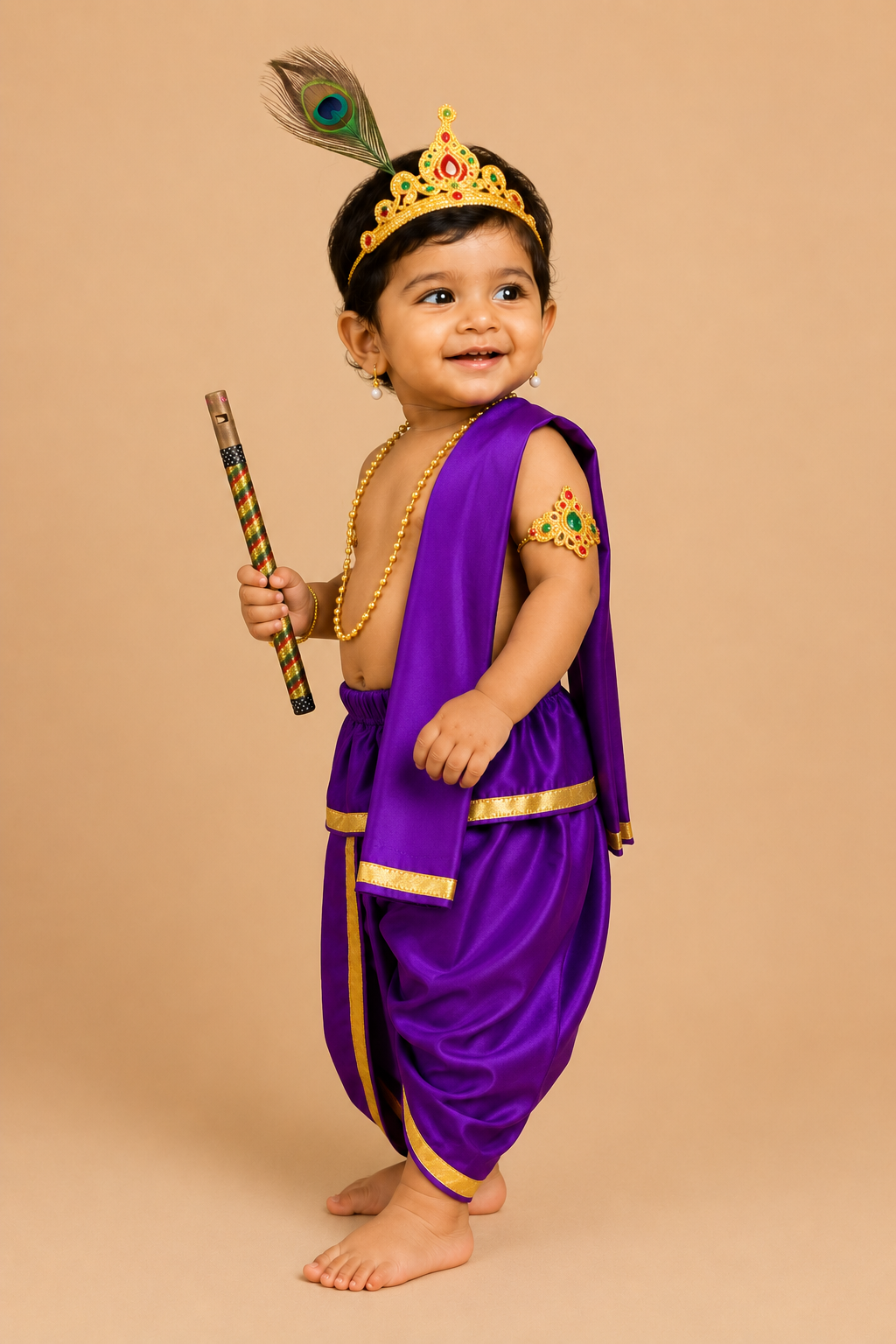 Infant Kanha outfit featuring dhoti stole mukut feather and flute for Gokulashtami celebrations