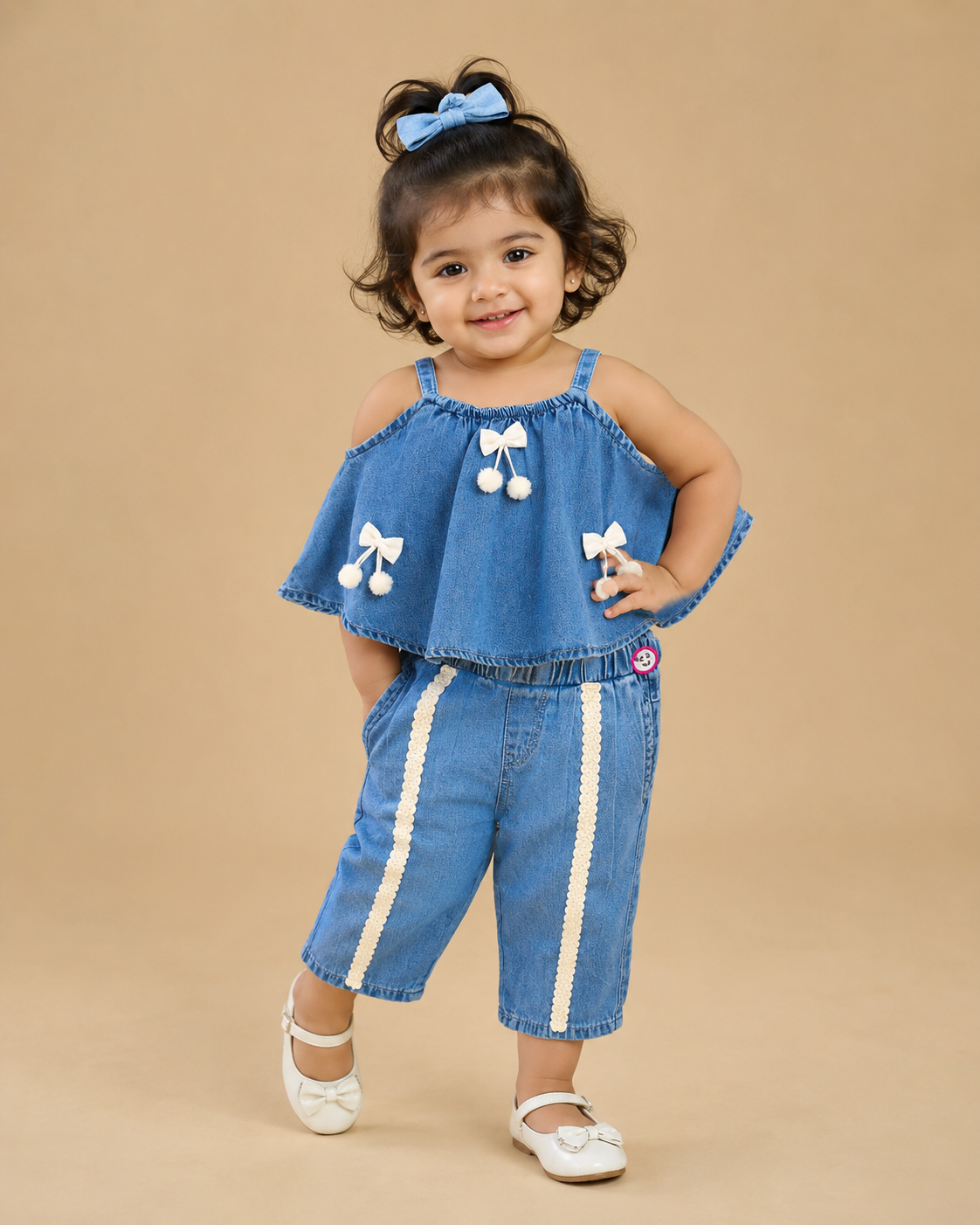 Baby Girl Denim Top Set with Bows and Lace Detailing for Kids Western Wear