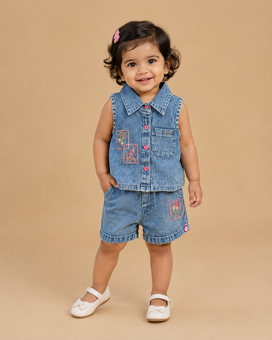 toddler girls sleeveless denim embroidered top with matching denim shorts clothing set
