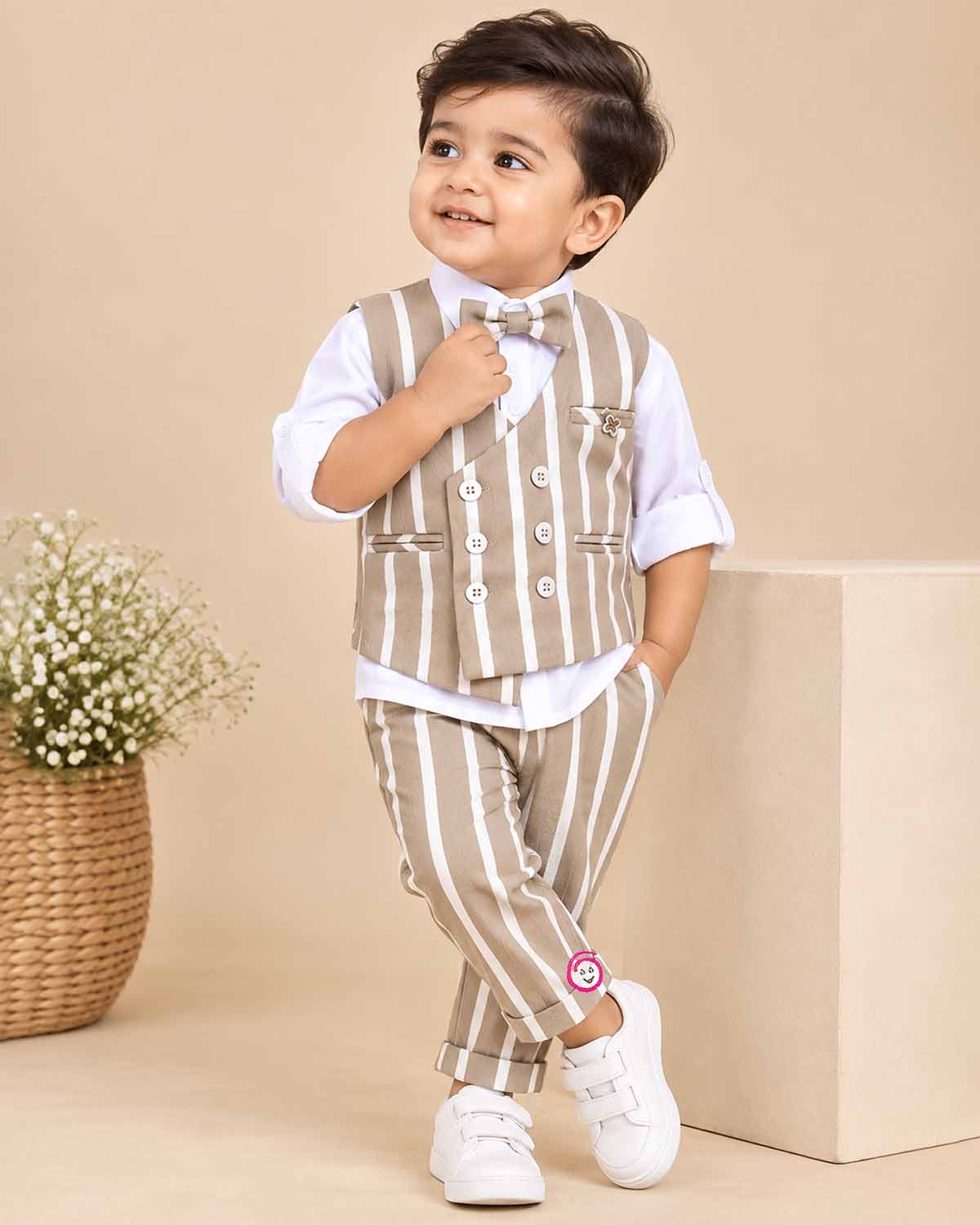 Beige striped waistcoat suit set with white shirt and bow tie for toddler boys